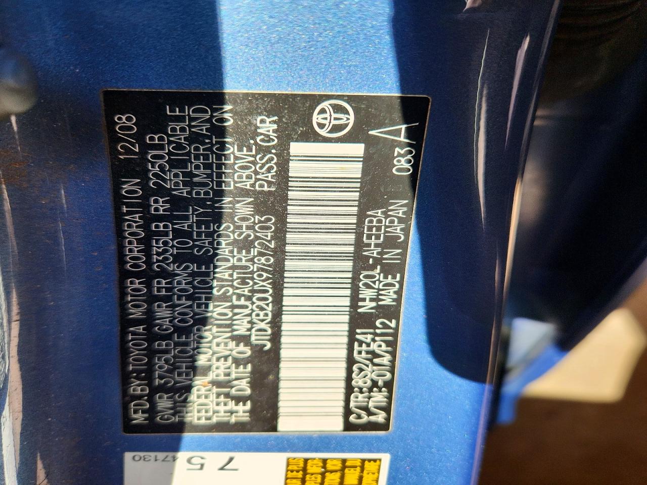 2009 Toyota Prius Base Синий vin: JTDKB20UX97872403