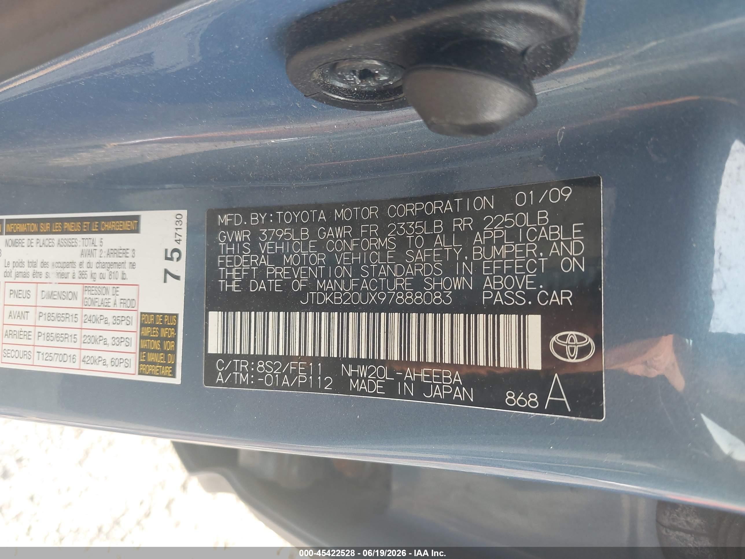 2009 Toyota Prius   Blue vin: JTDKB20UX97888083