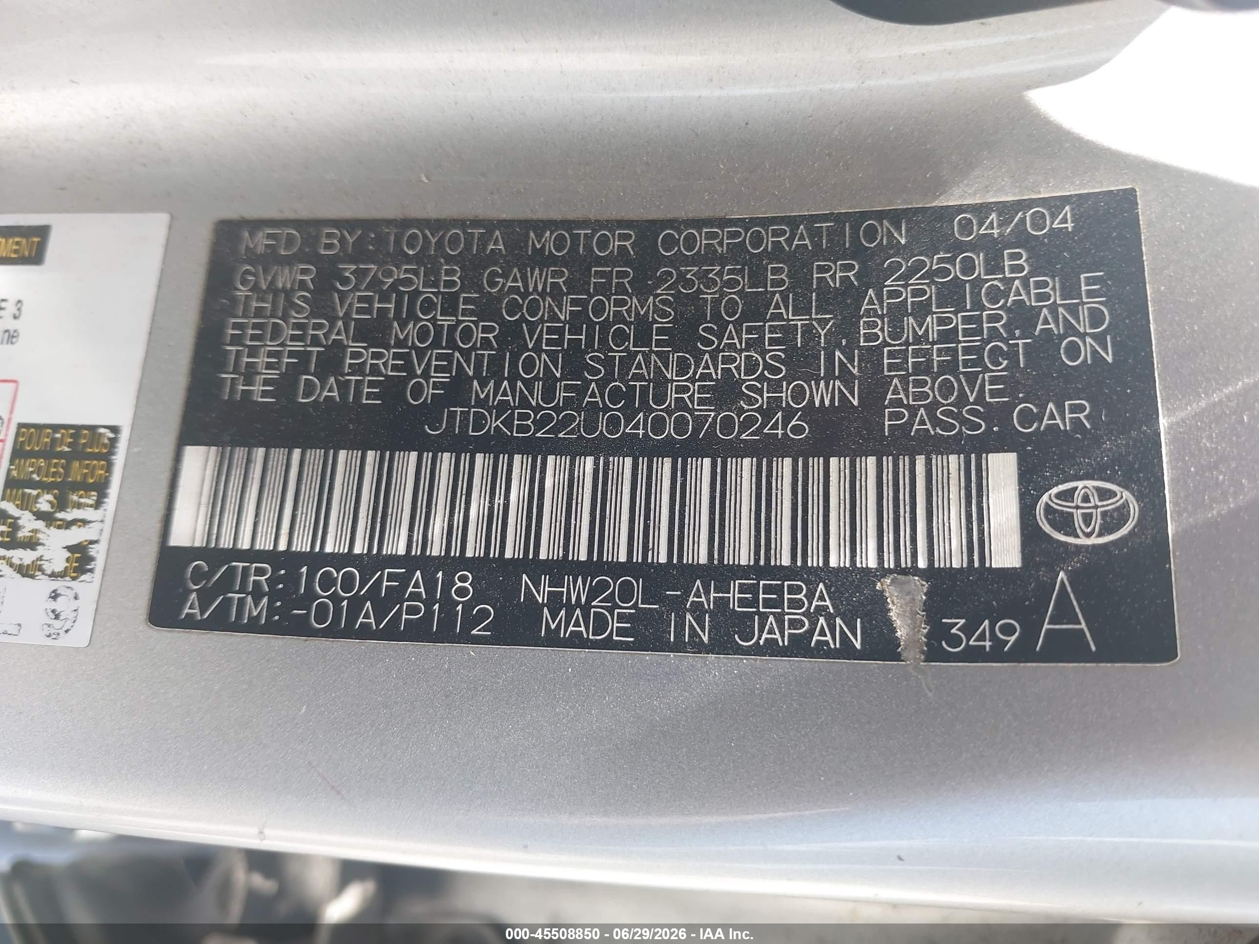 2004 Toyota Prius Silver vin: JTDKB22U040070246