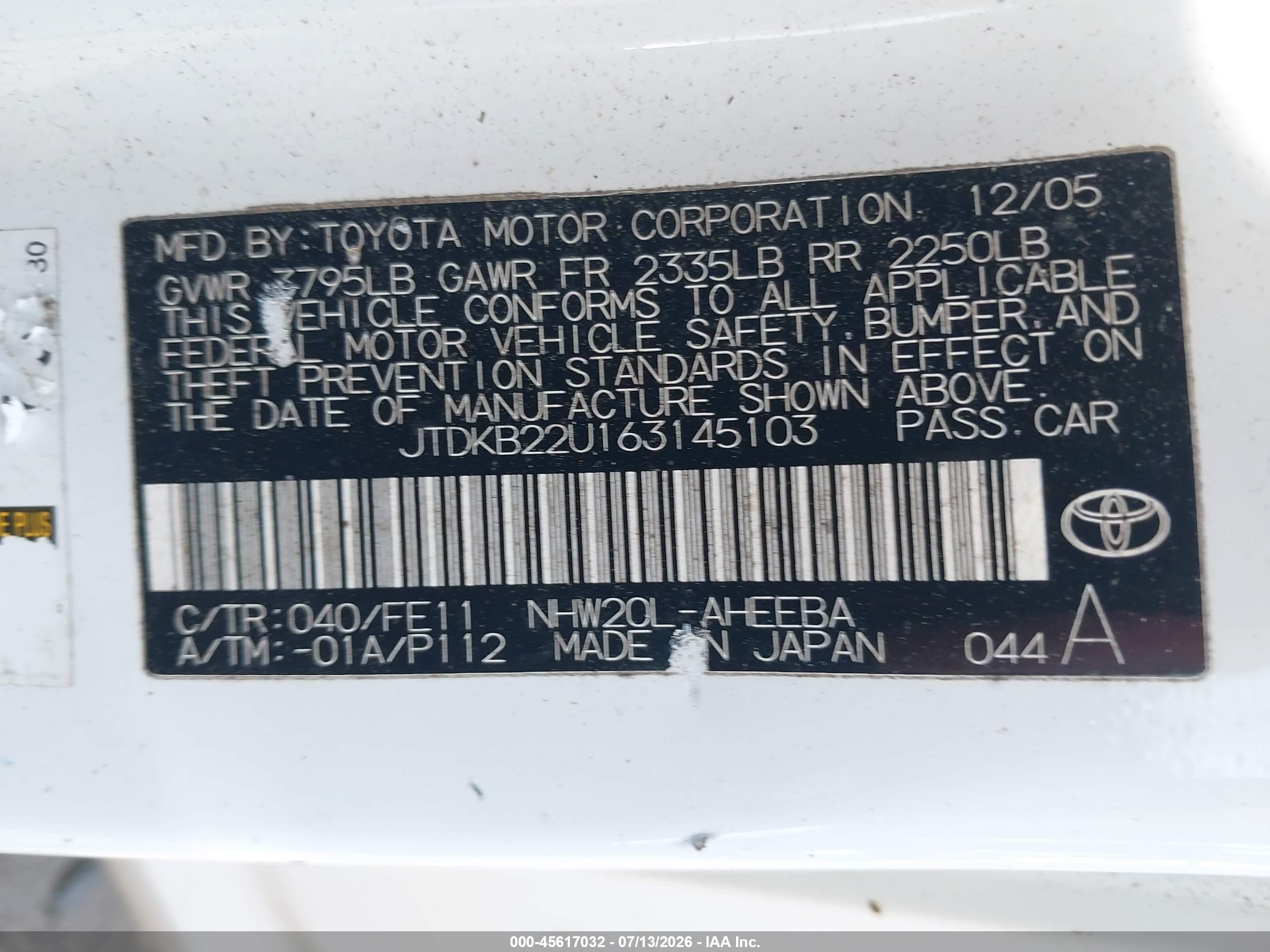 2006 Toyota Prius   Белый vin: JTDKB22U163145103