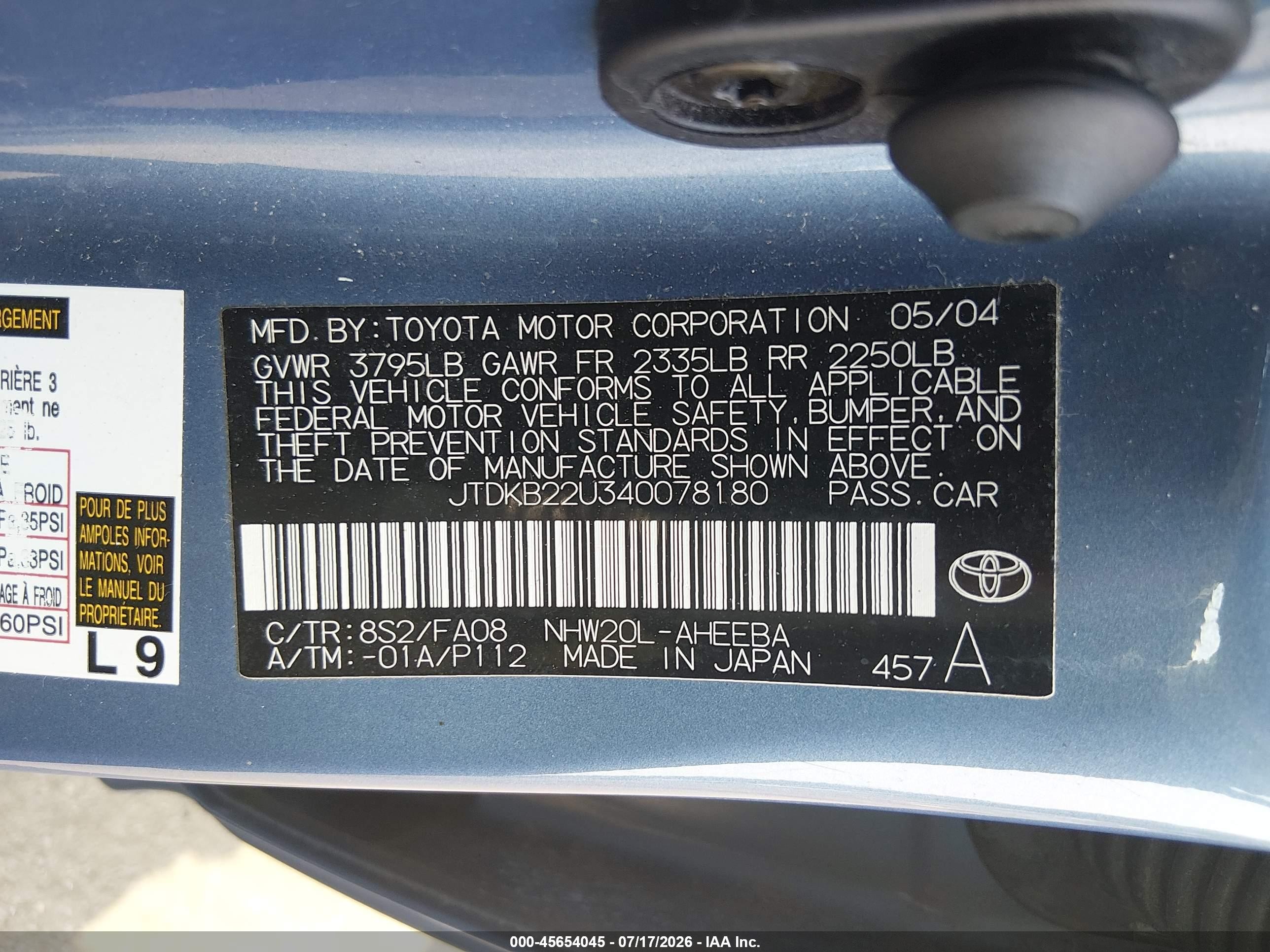 2004 Toyota Prius   Blue vin: JTDKB22U340078180