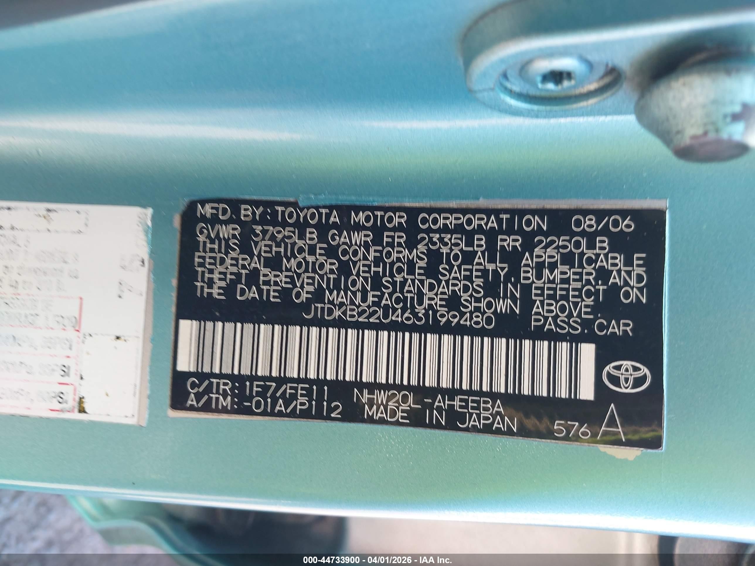 2006 Toyota Prius Light Blue vin: JTDKB22U463199480