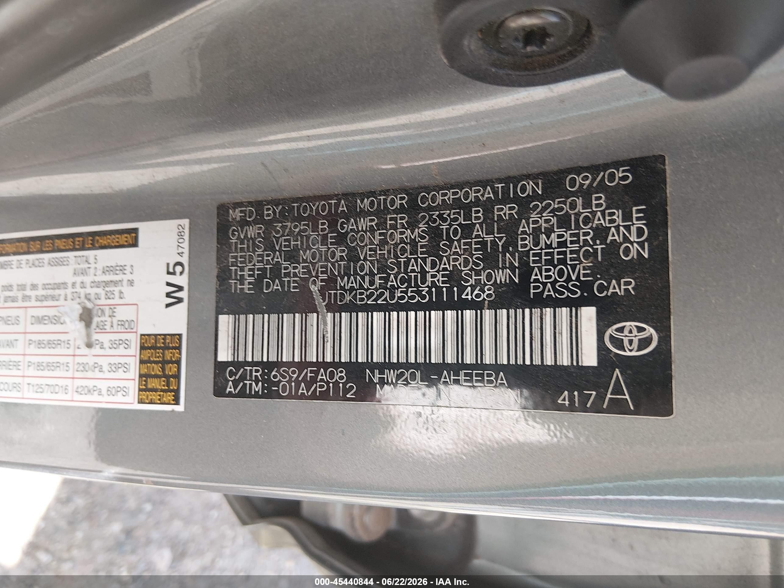 2005 Toyota Prius   Green vin: JTDKB22U553111468