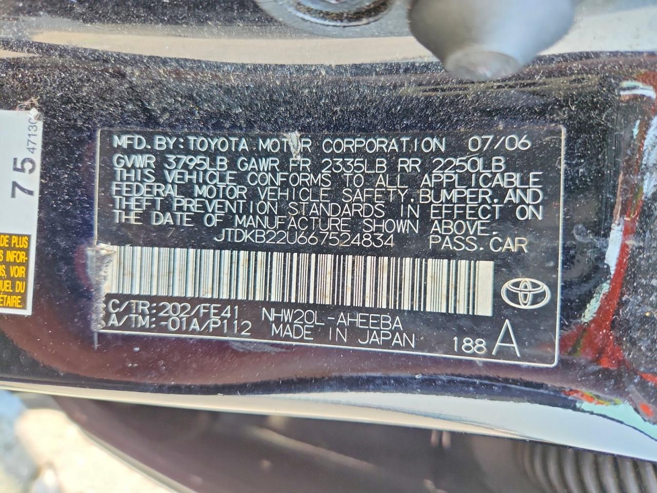 2006 Toyota Prius Base Black vin: JTDKB22U667524834