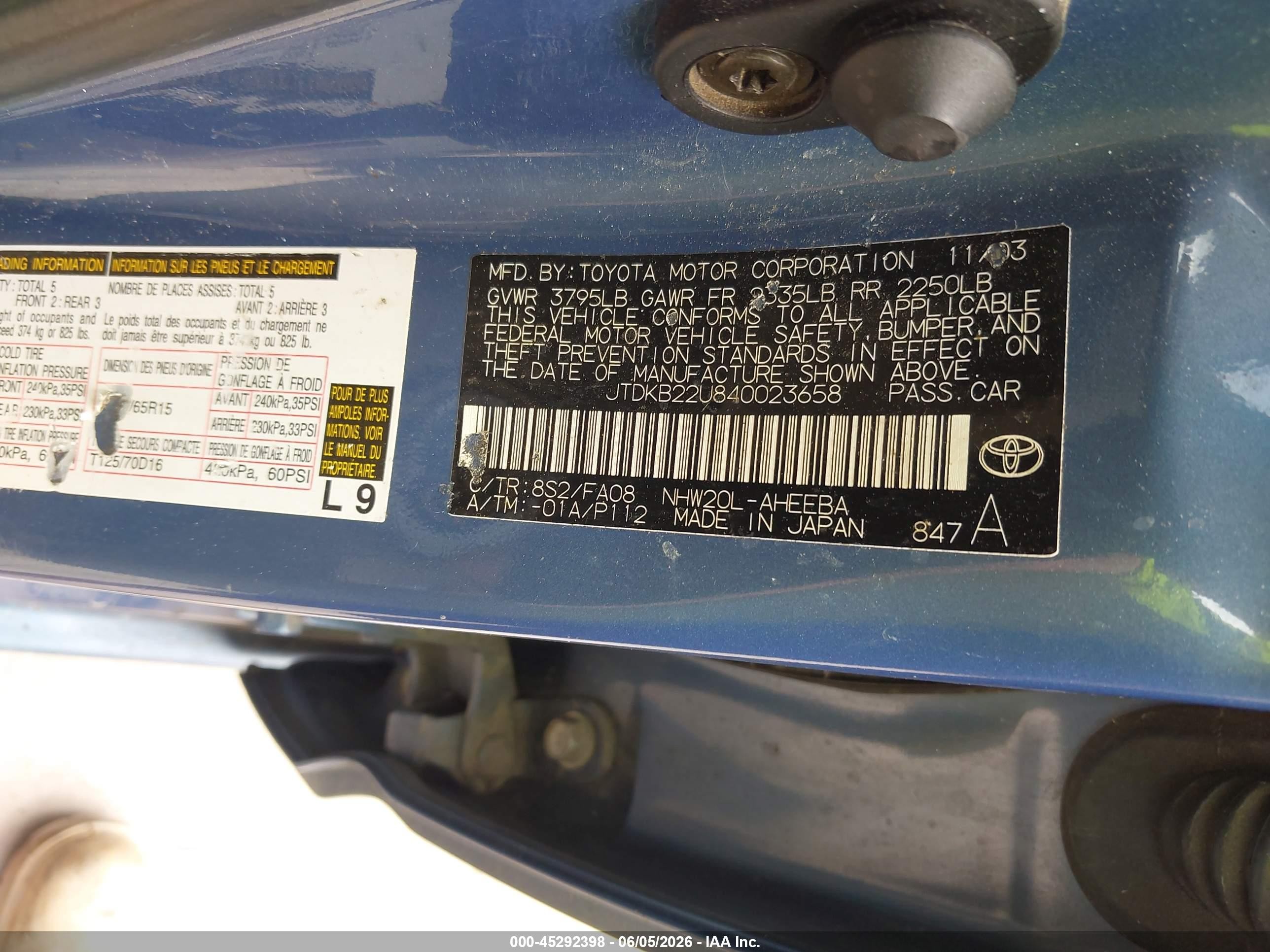 2004 Toyota Prius Синий vin: JTDKB22U840023658