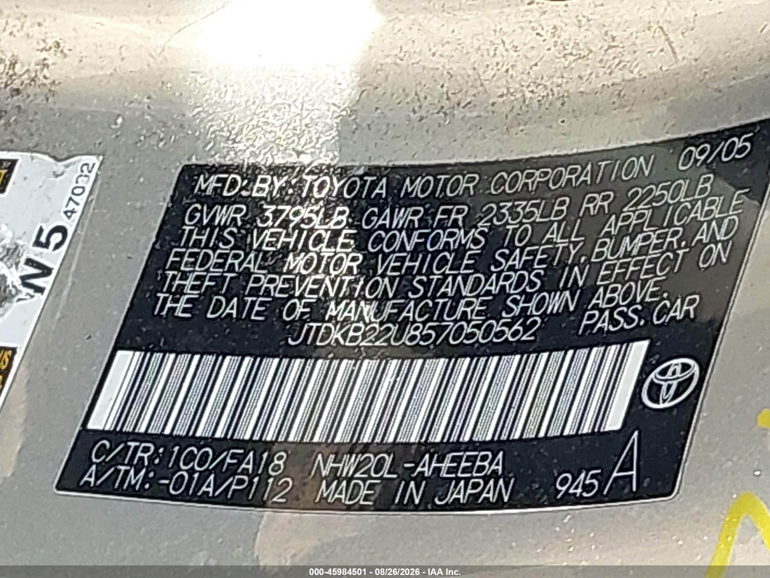 2005 Toyota Prius   Silver vin: JTDKB22U857050562