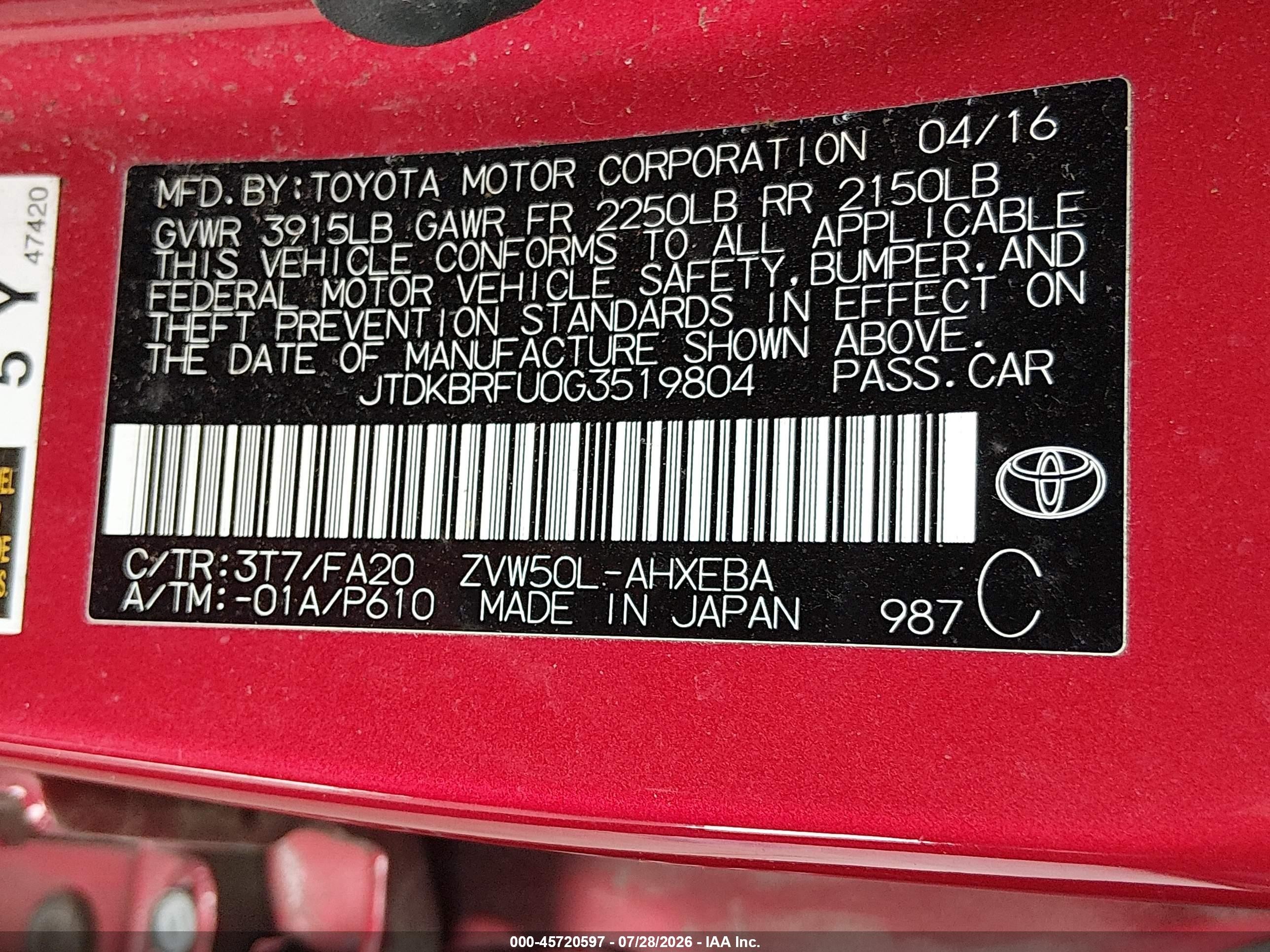 2016 Toyota Prius Two Burgundy vin: JTDKBRFU0G3519804
