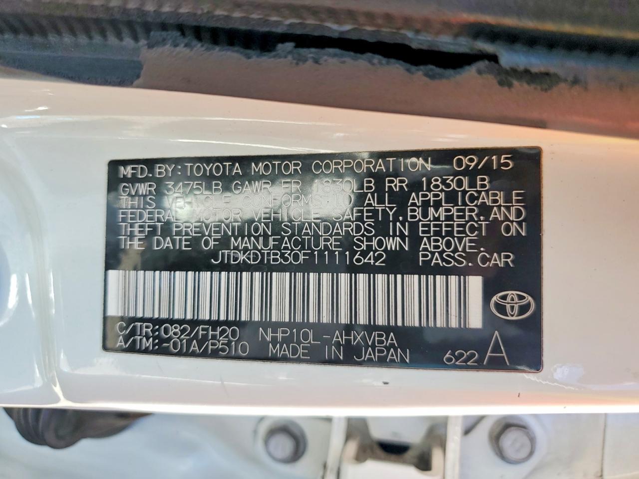 2015 Toyota Prius C One White vin: JTDKDTB30F1111642
