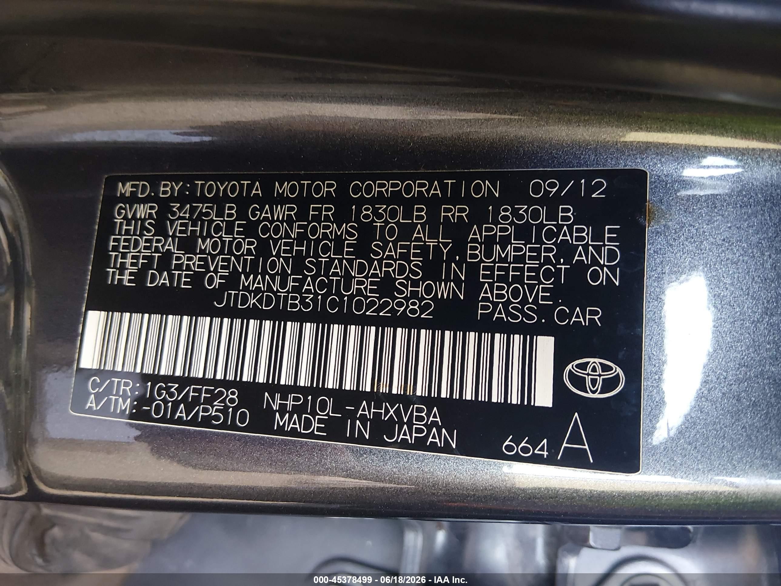 2012 Toyota Prius C Two Gray vin: JTDKDTB31C1022982