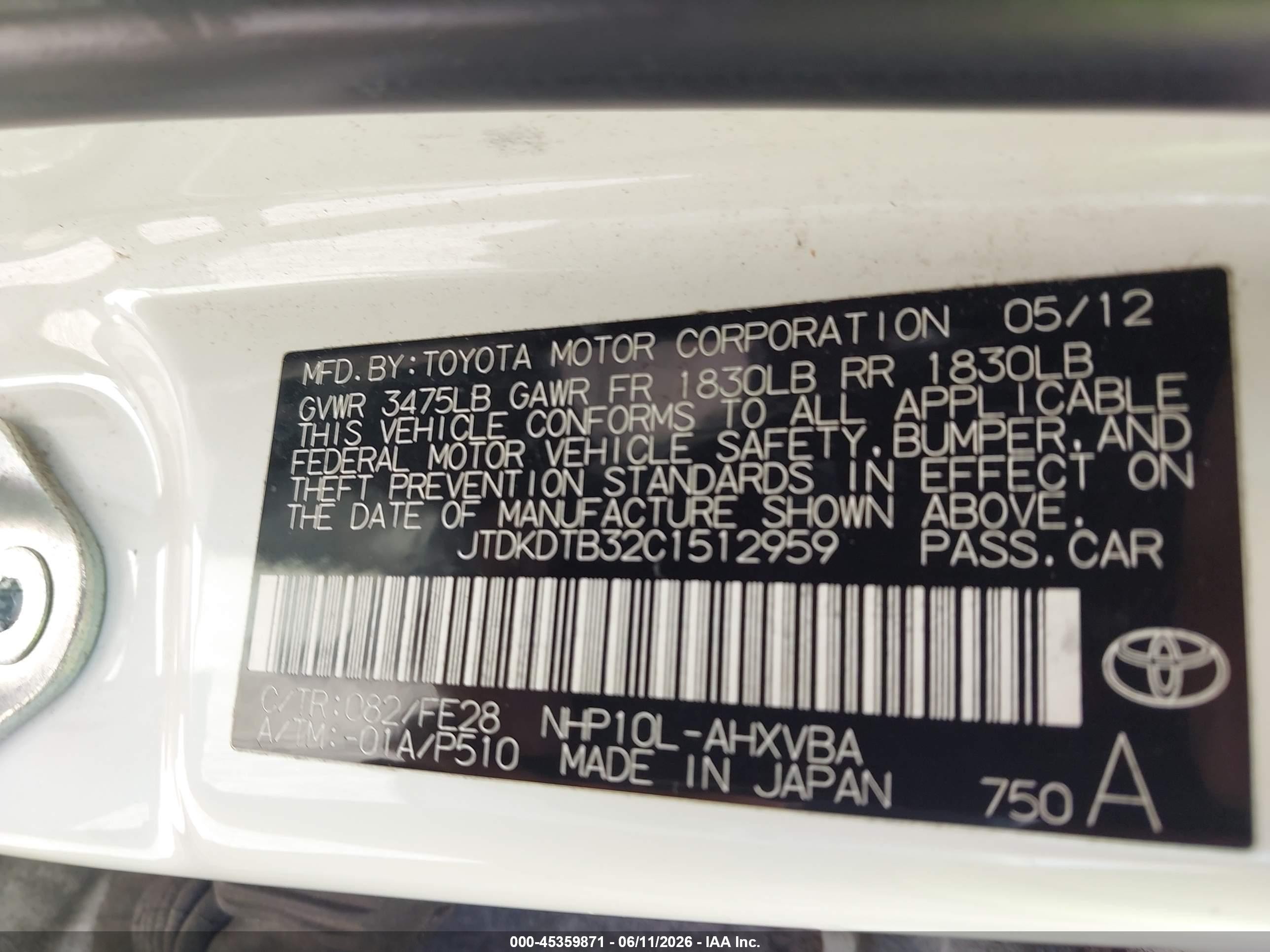 2012 Toyota Prius C One White vin: JTDKDTB32C1512959