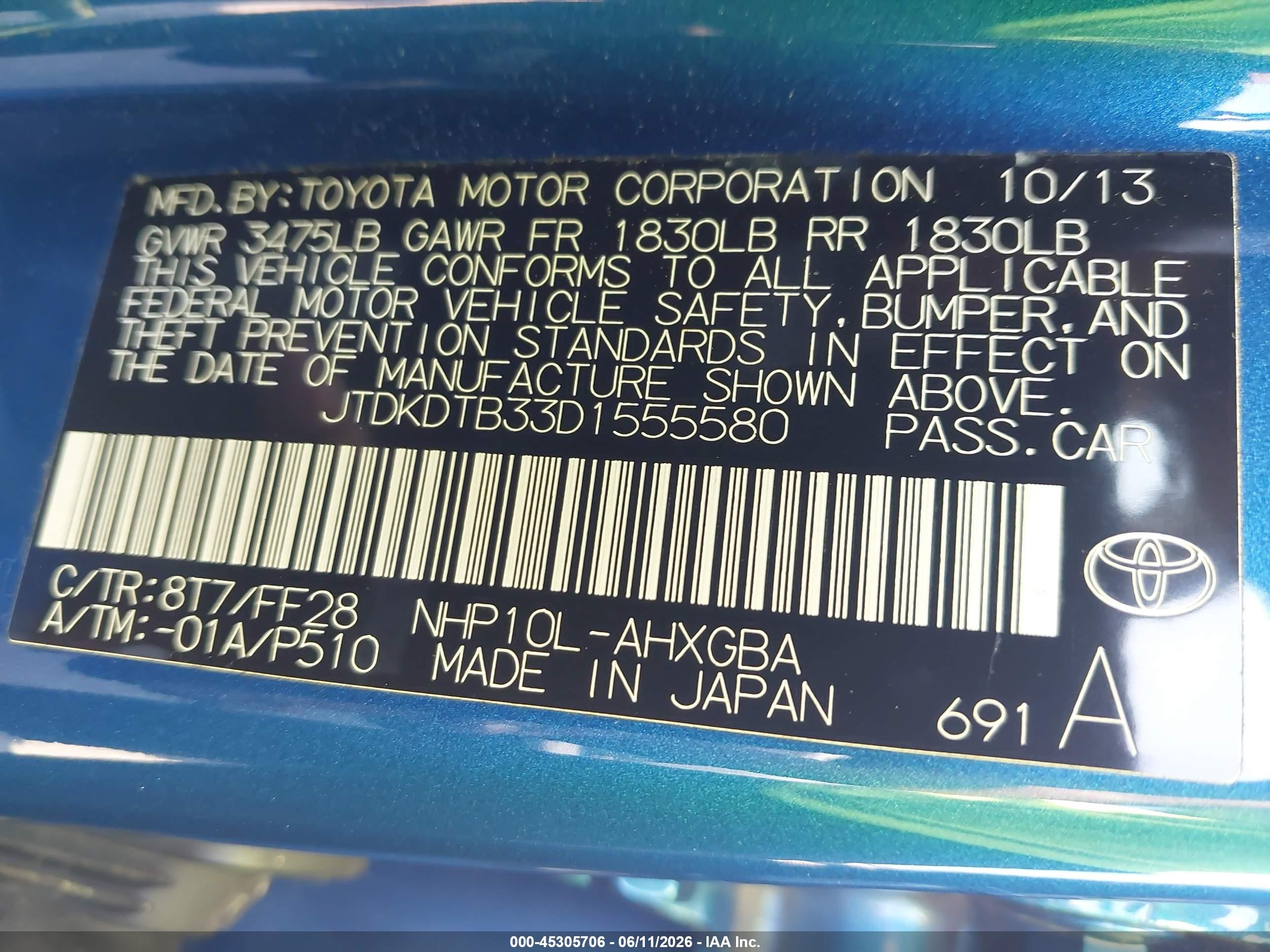 2013 Toyota Prius C Three Blue vin: JTDKDTB33D1555580