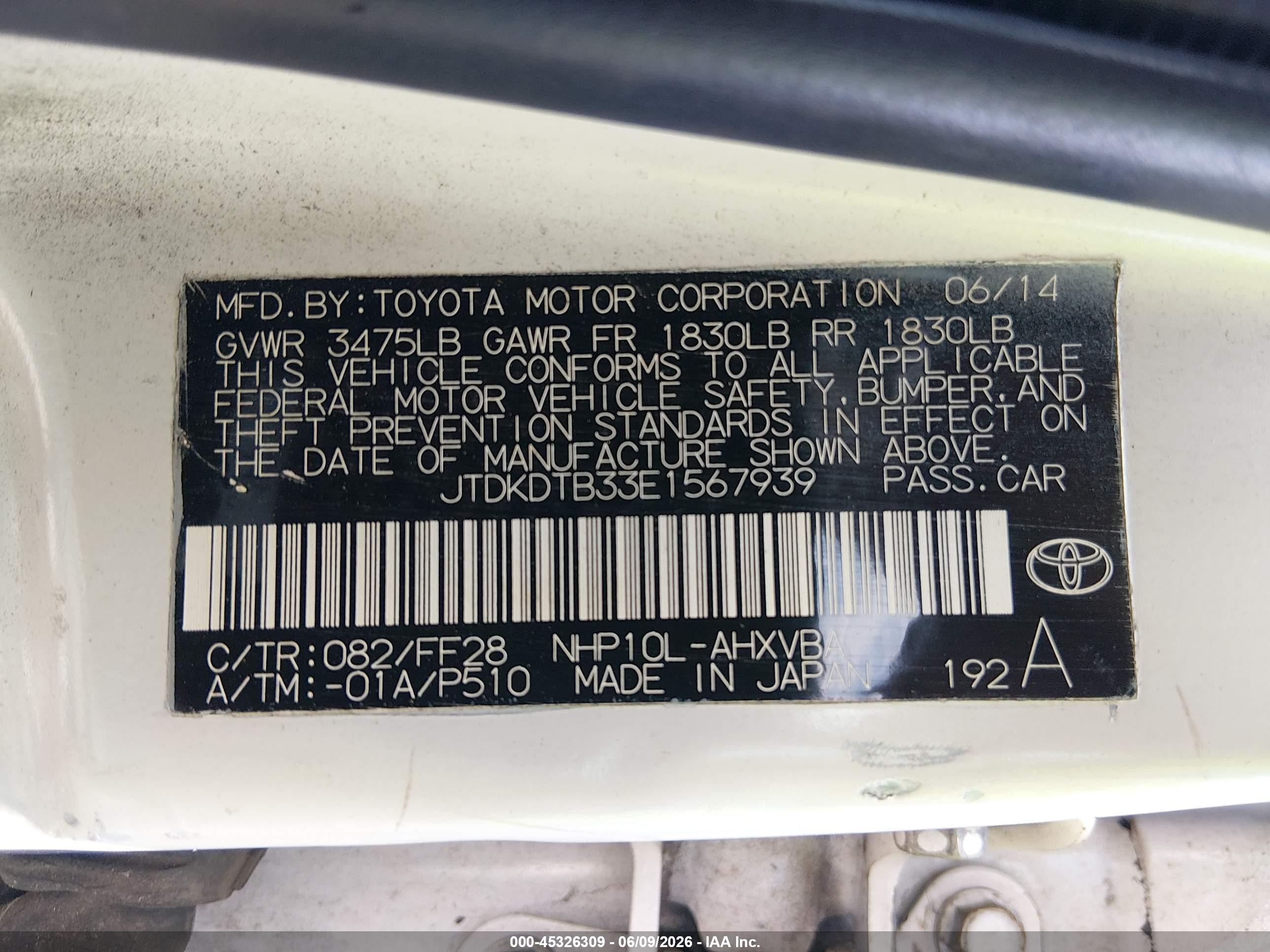 2014 Toyota Prius C Two White vin: JTDKDTB33E1567939