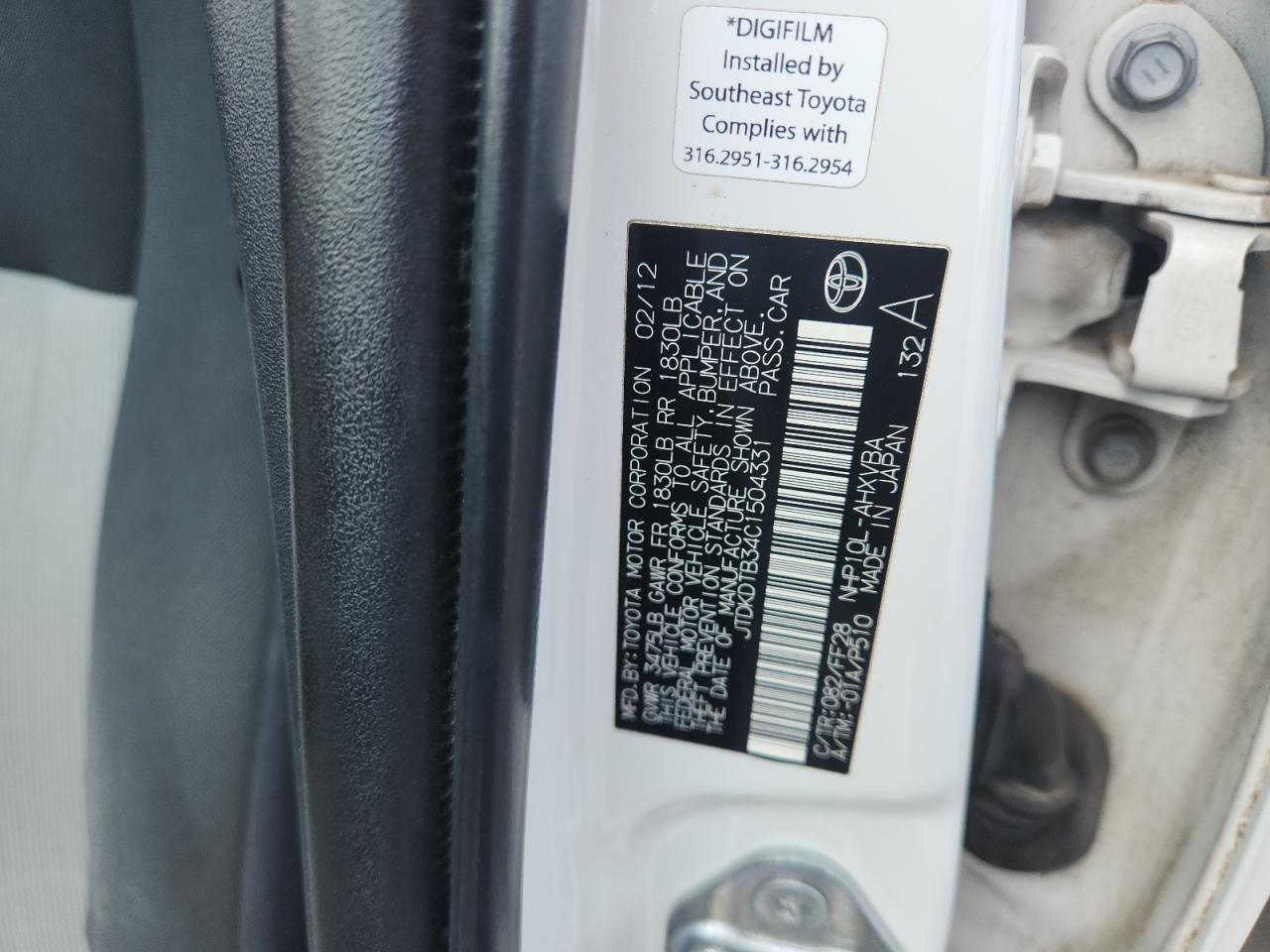 2012 Toyota Prius C Two White vin: JTDKDTB34C1504331