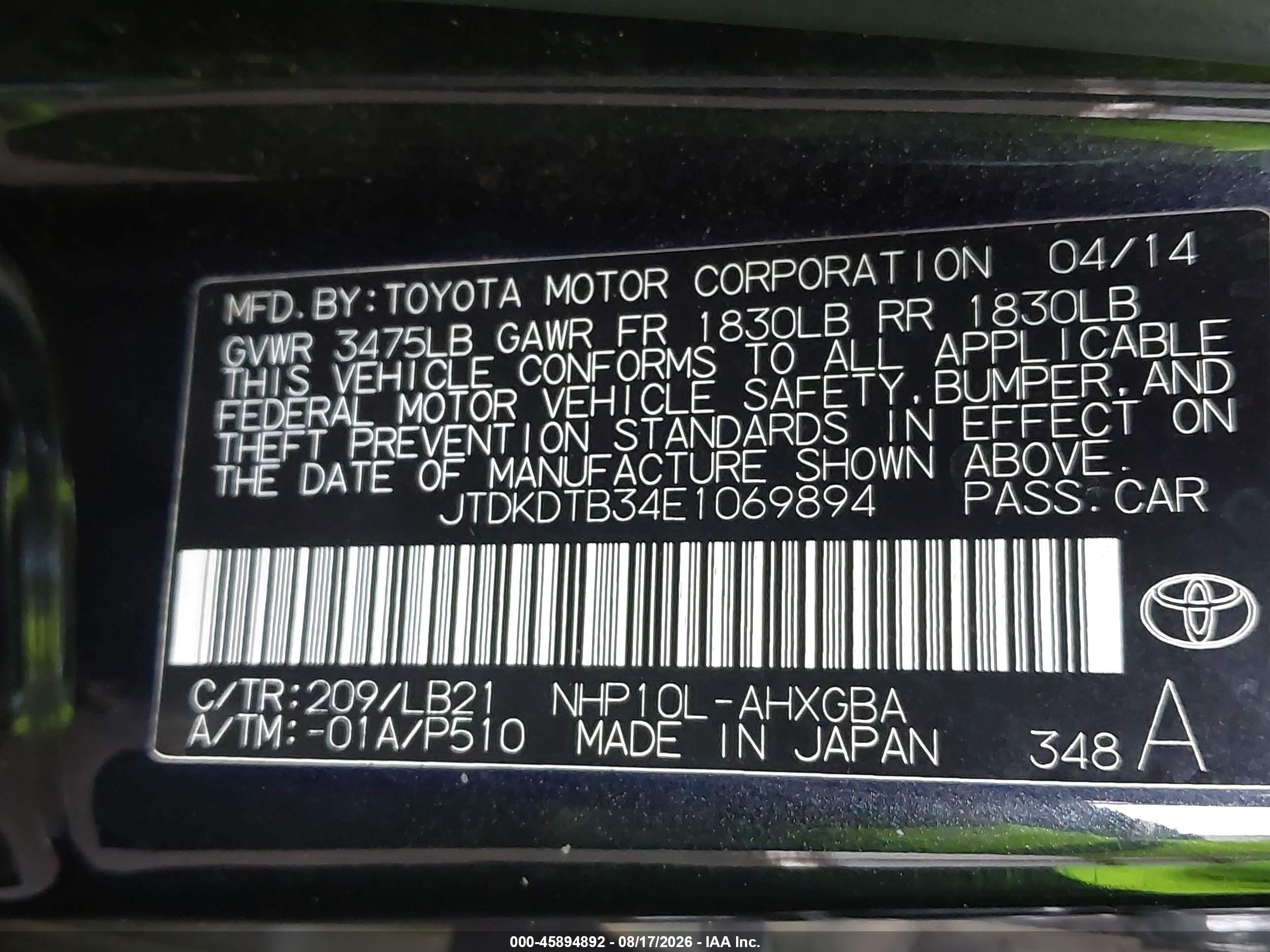 2014 Toyota Prius C Four Black vin: JTDKDTB34E1069894