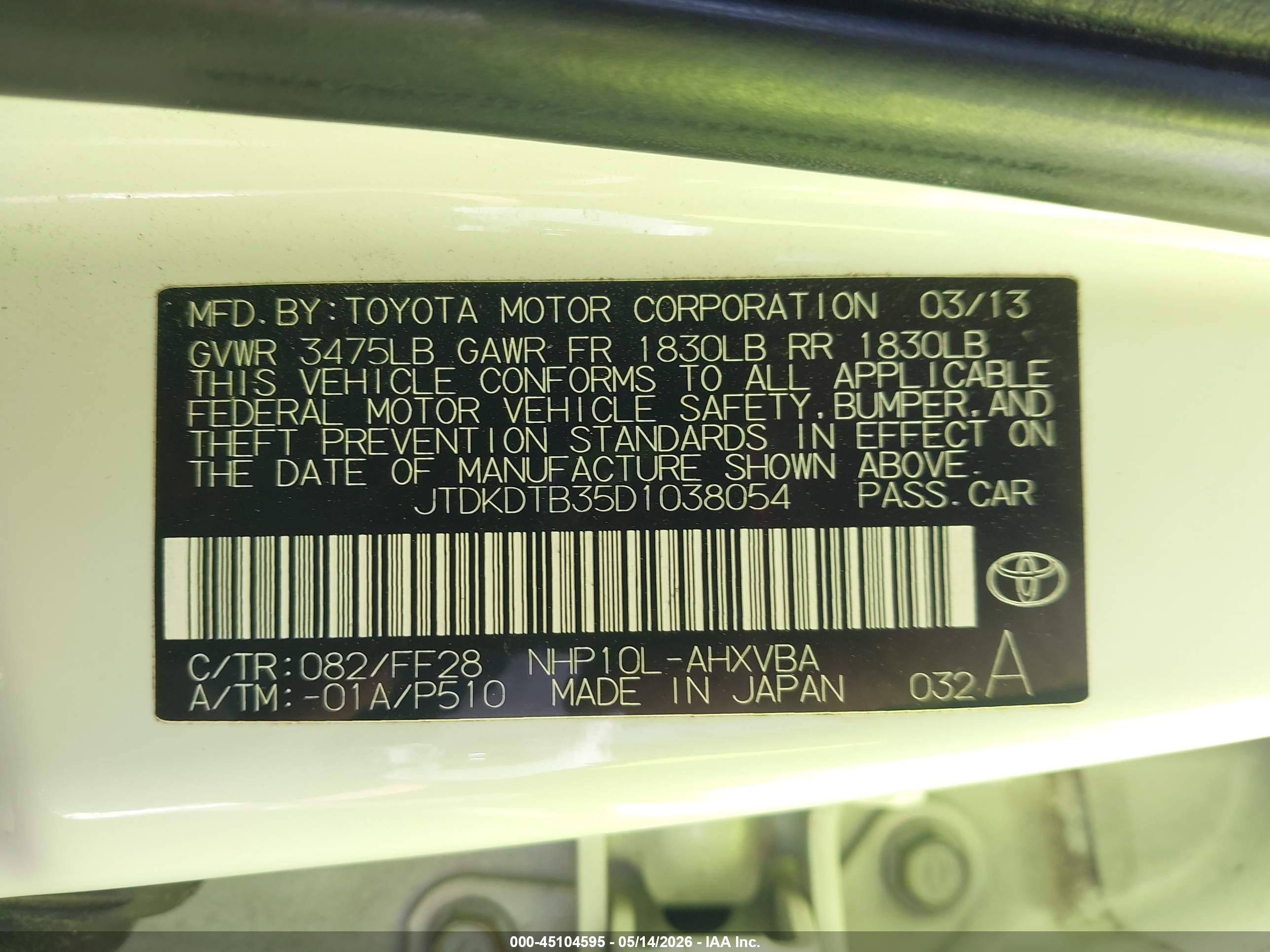 2013 Toyota Prius C Two White vin: JTDKDTB35D1038054