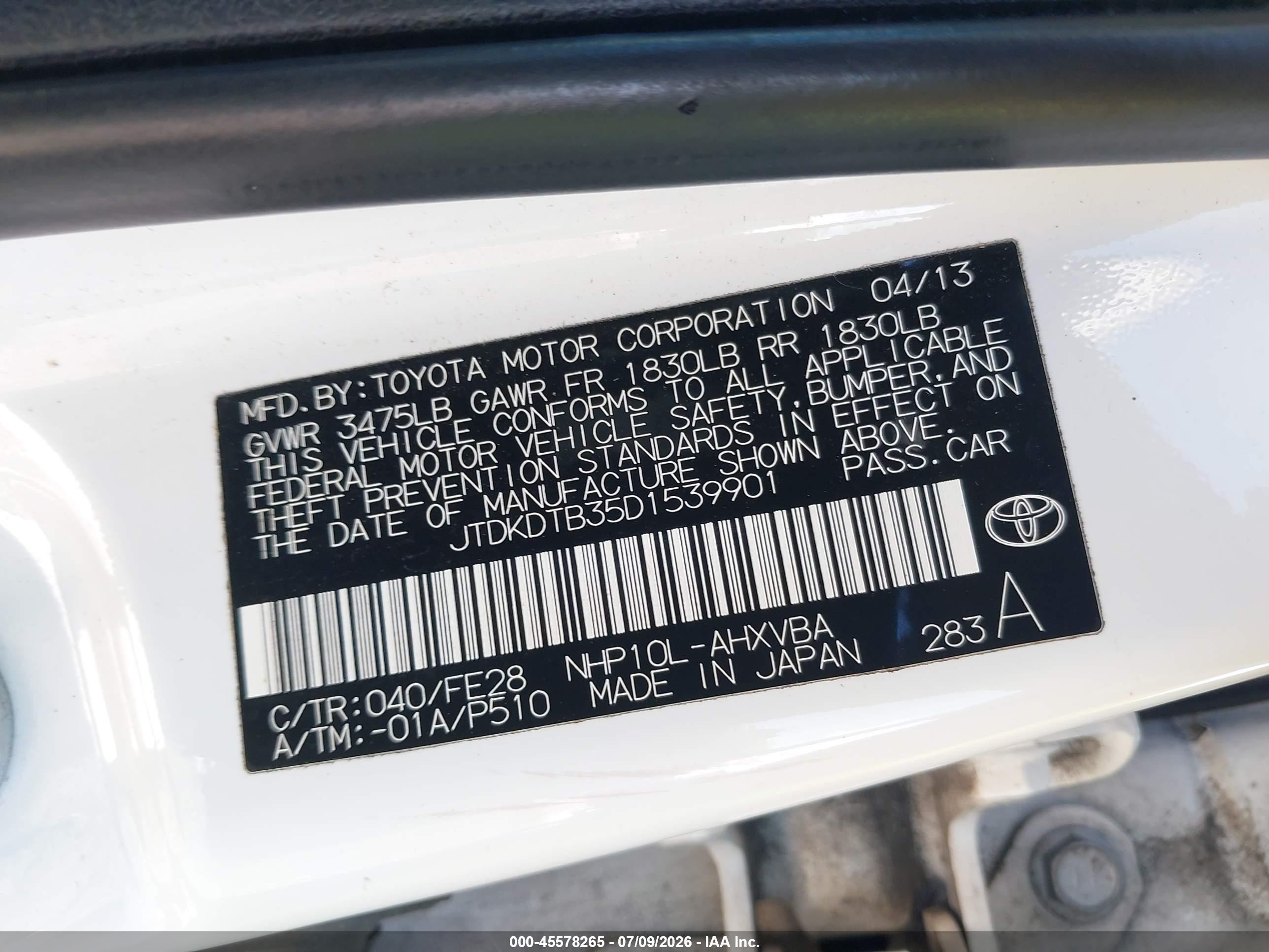 2013 Toyota Prius C One White vin: JTDKDTB35D1539901