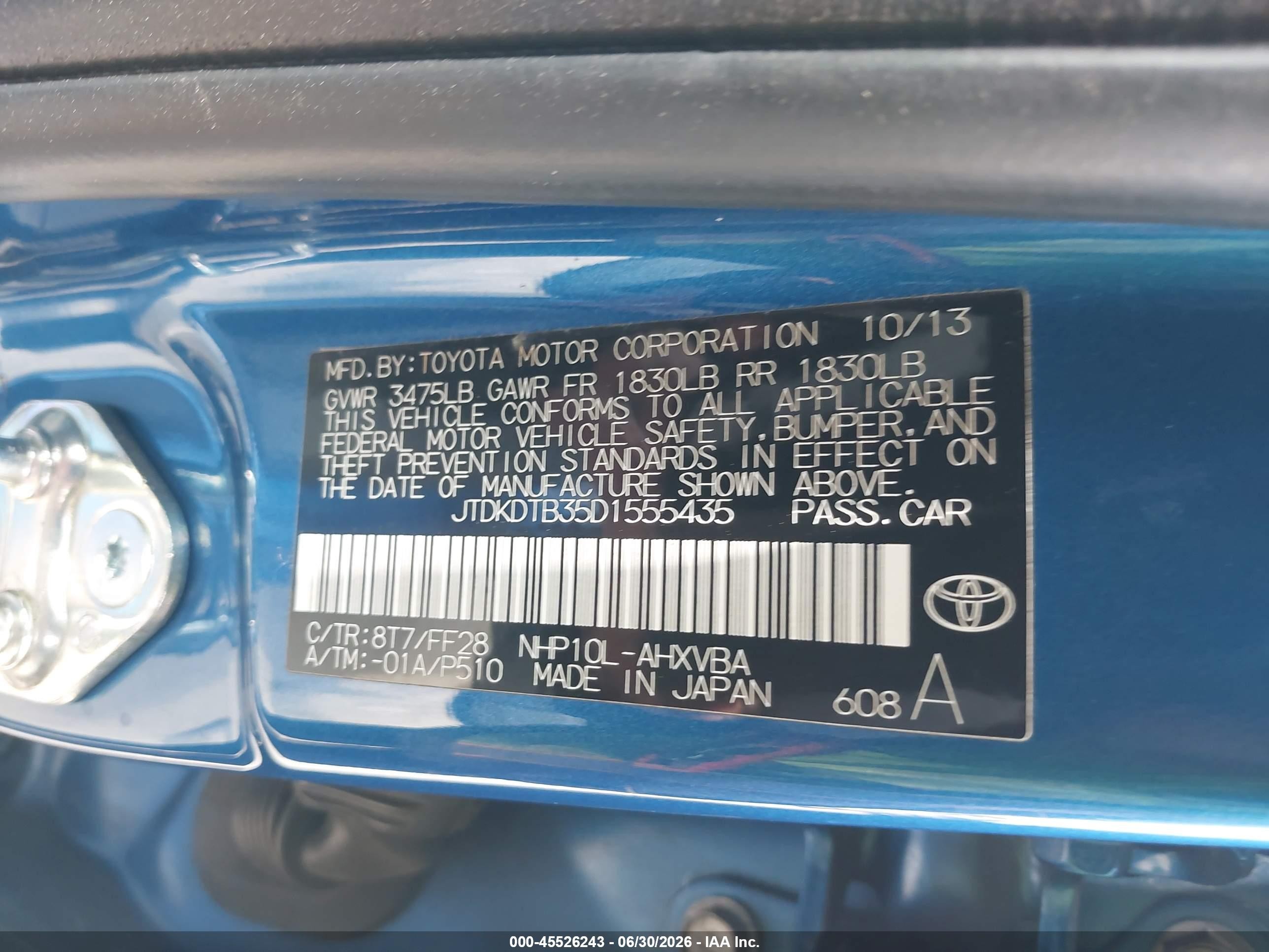 2013 Toyota Prius C Two Blue vin: JTDKDTB35D1555435