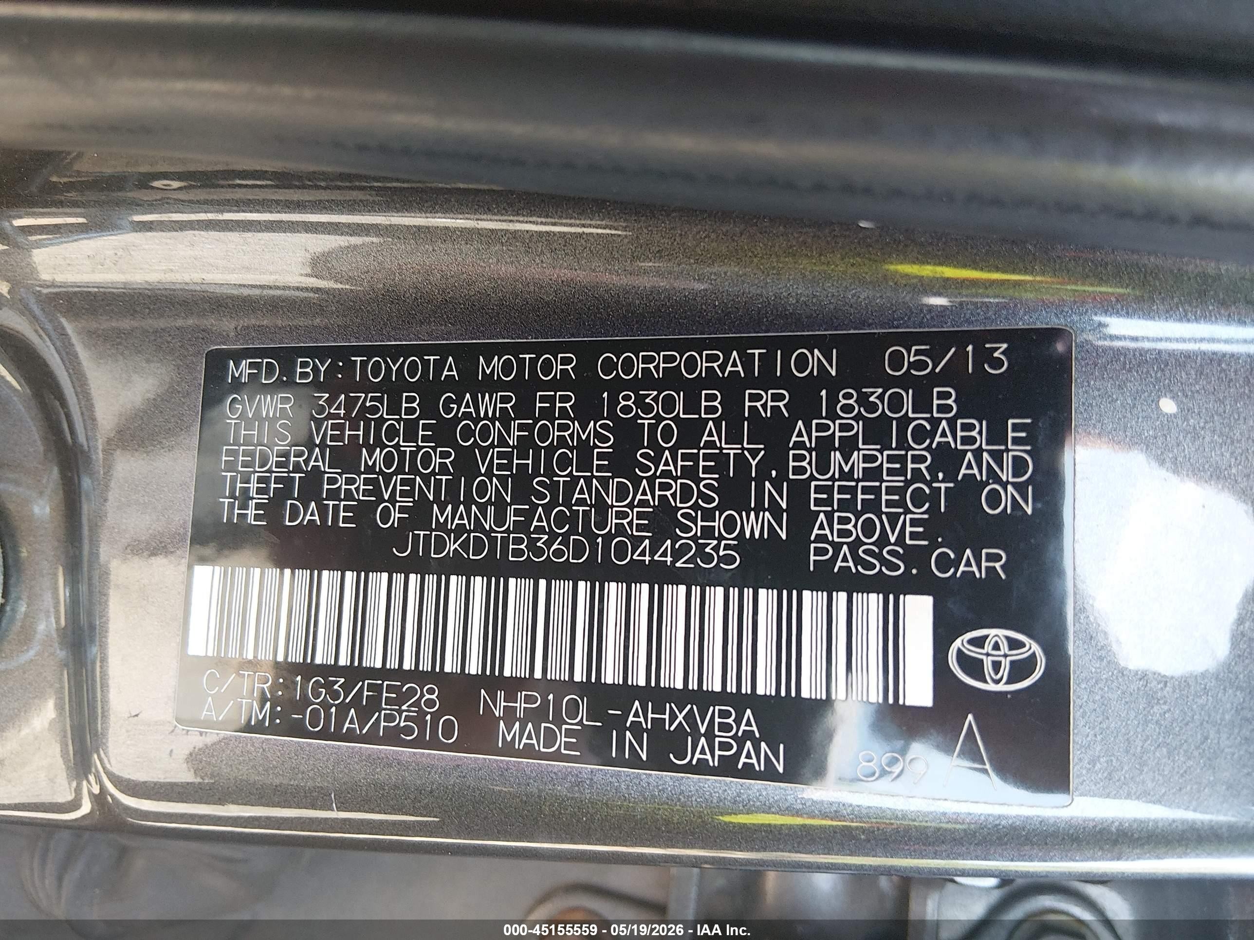 2013 Toyota Prius C One Gray vin: JTDKDTB36D1044235