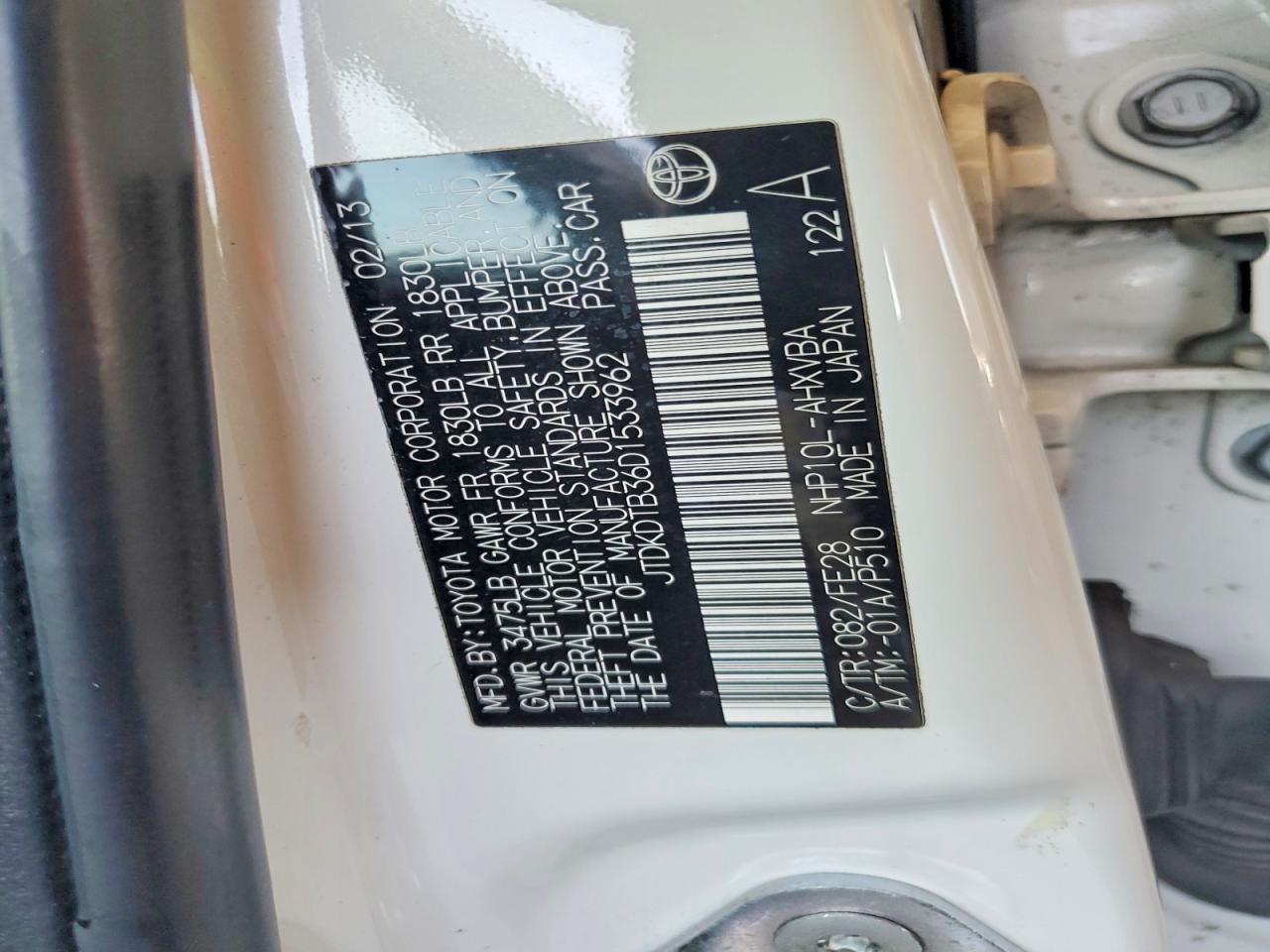 2013 Toyota Prius C One White vin: JTDKDTB36D1533962