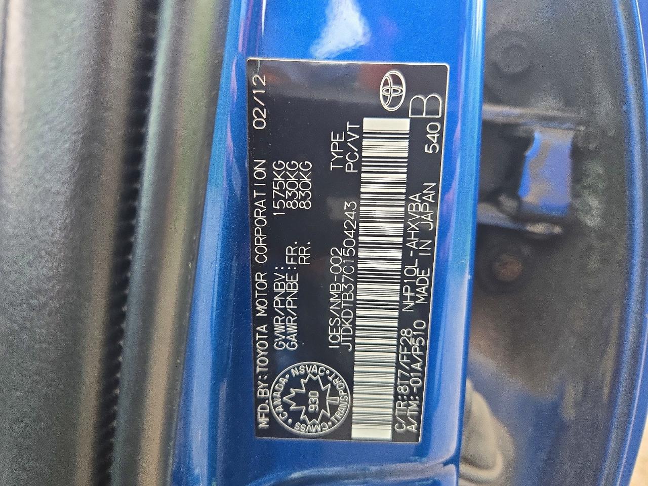 2012 Toyota Prius C One Blue vin: JTDKDTB37C1504243