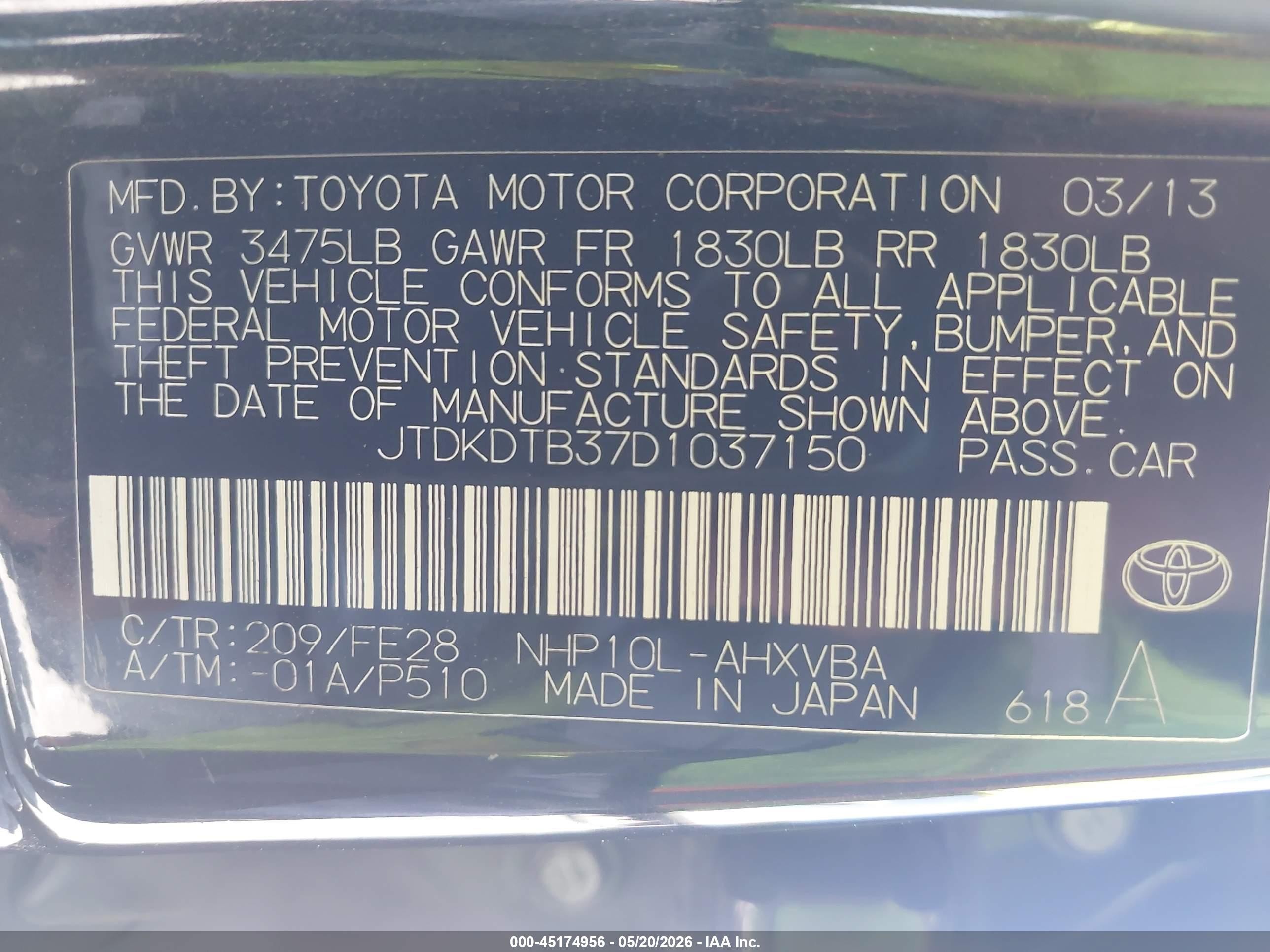 2013 Toyota Prius C One Black vin: JTDKDTB37D1037150