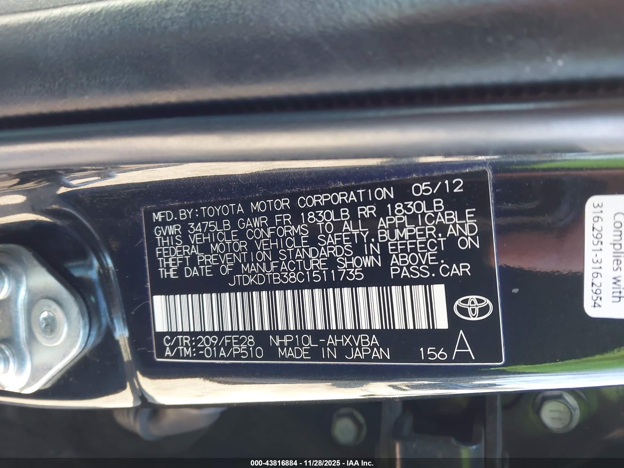 2012 Toyota Prius C One Black vin: JTDKDTB38C1511735