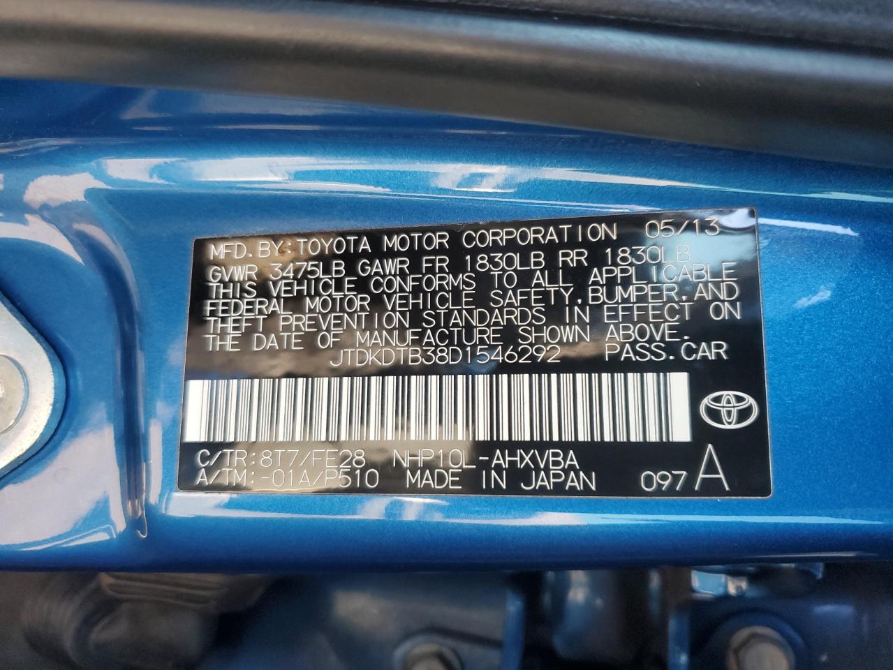 2013 Toyota Prius C Blue vin: JTDKDTB38D1546292