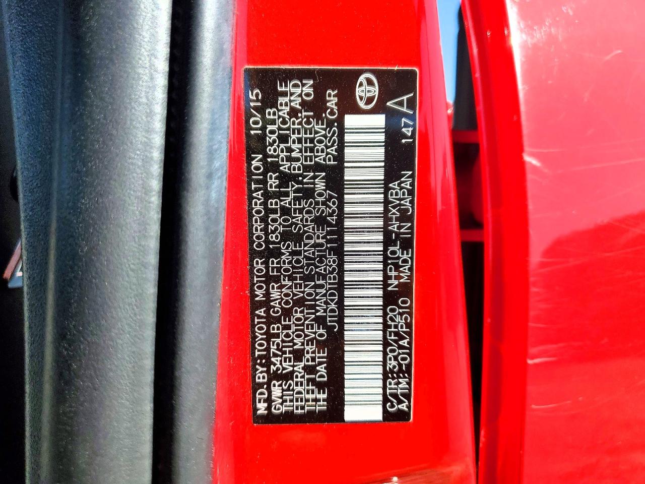 2015 Toyota Prius C One Red vin: JTDKDTB38F1114367