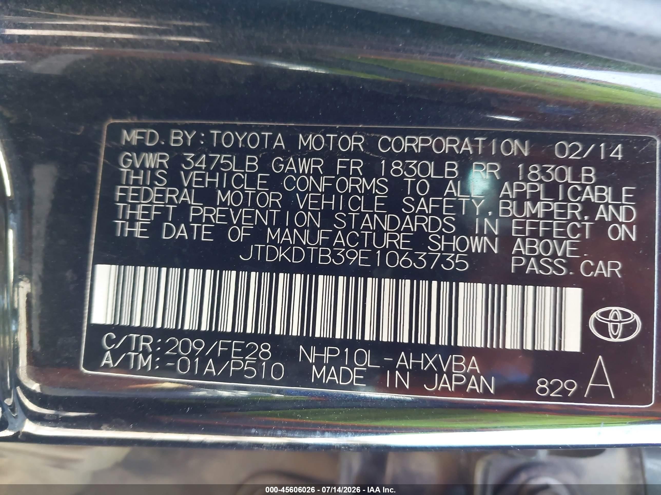 2014 Toyota Prius C One Черный vin: JTDKDTB39E1063735
