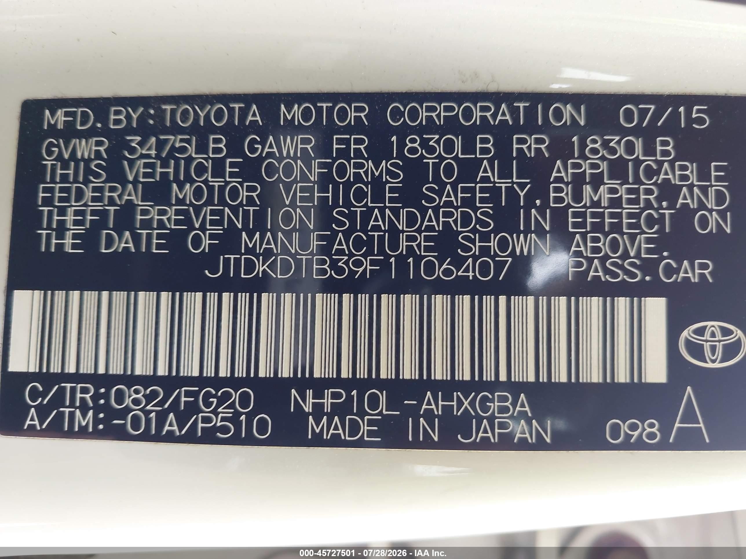 2015 Toyota Prius C Three White vin: JTDKDTB39F1106407