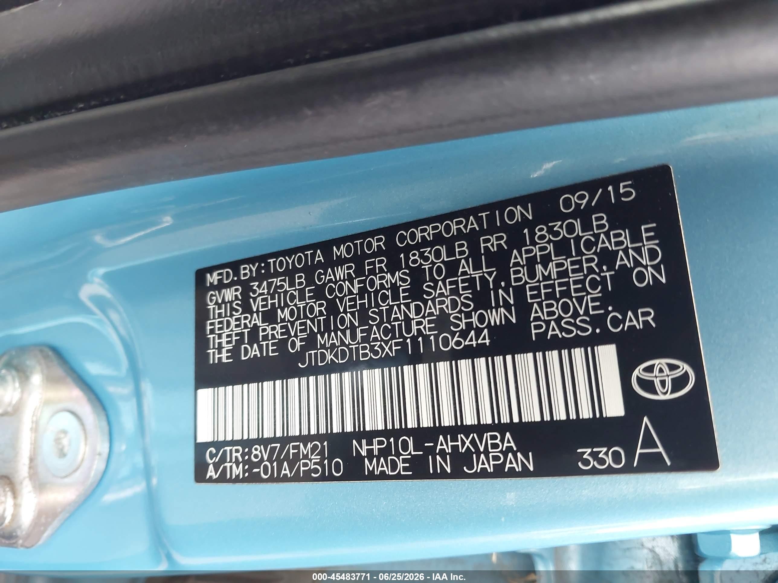 2015 Toyota Prius C Two Blue vin: JTDKDTB3XF1110644