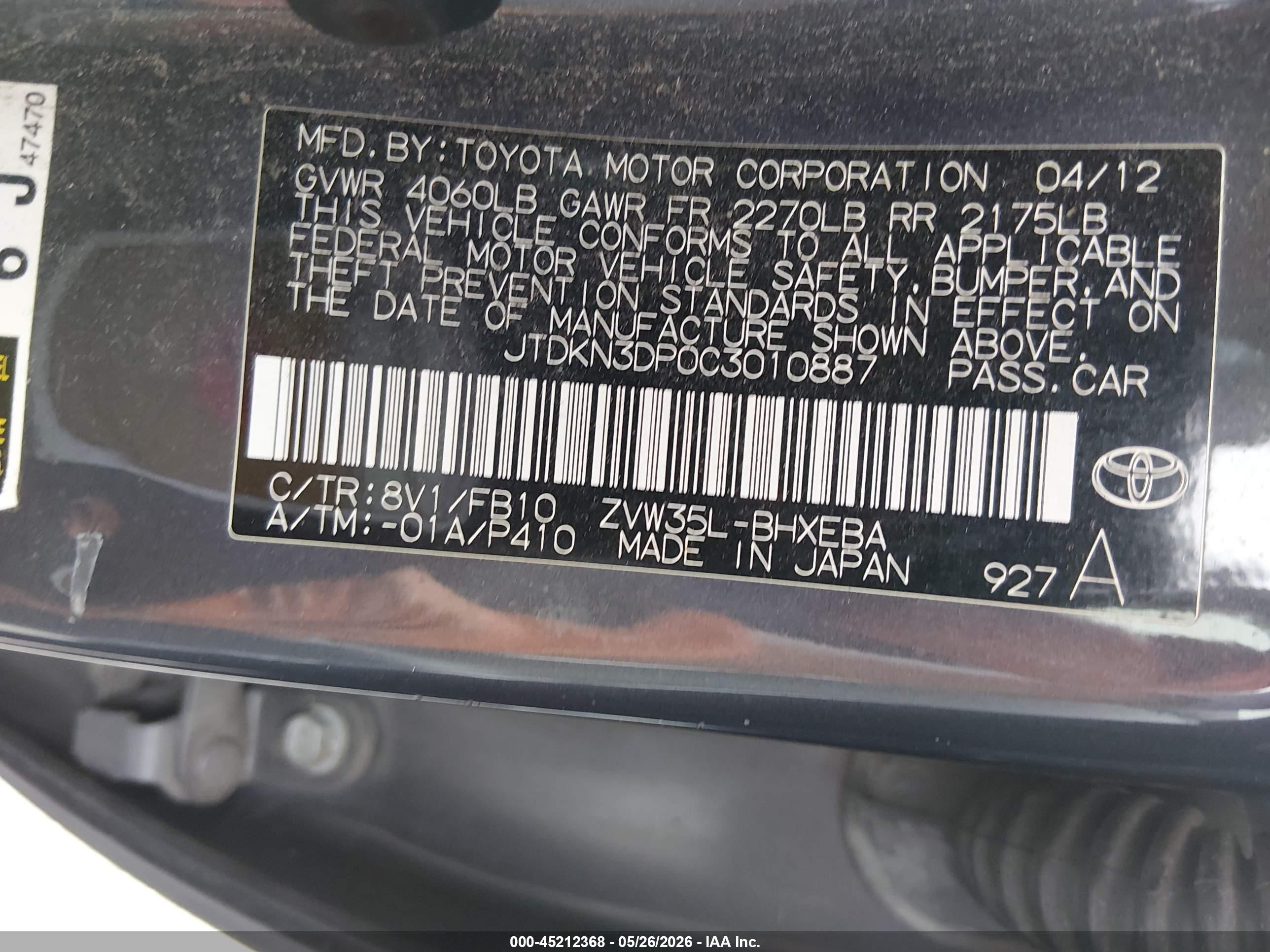 2012 Toyota Prius Plug-in   Black vin: JTDKN3DP0C3010887