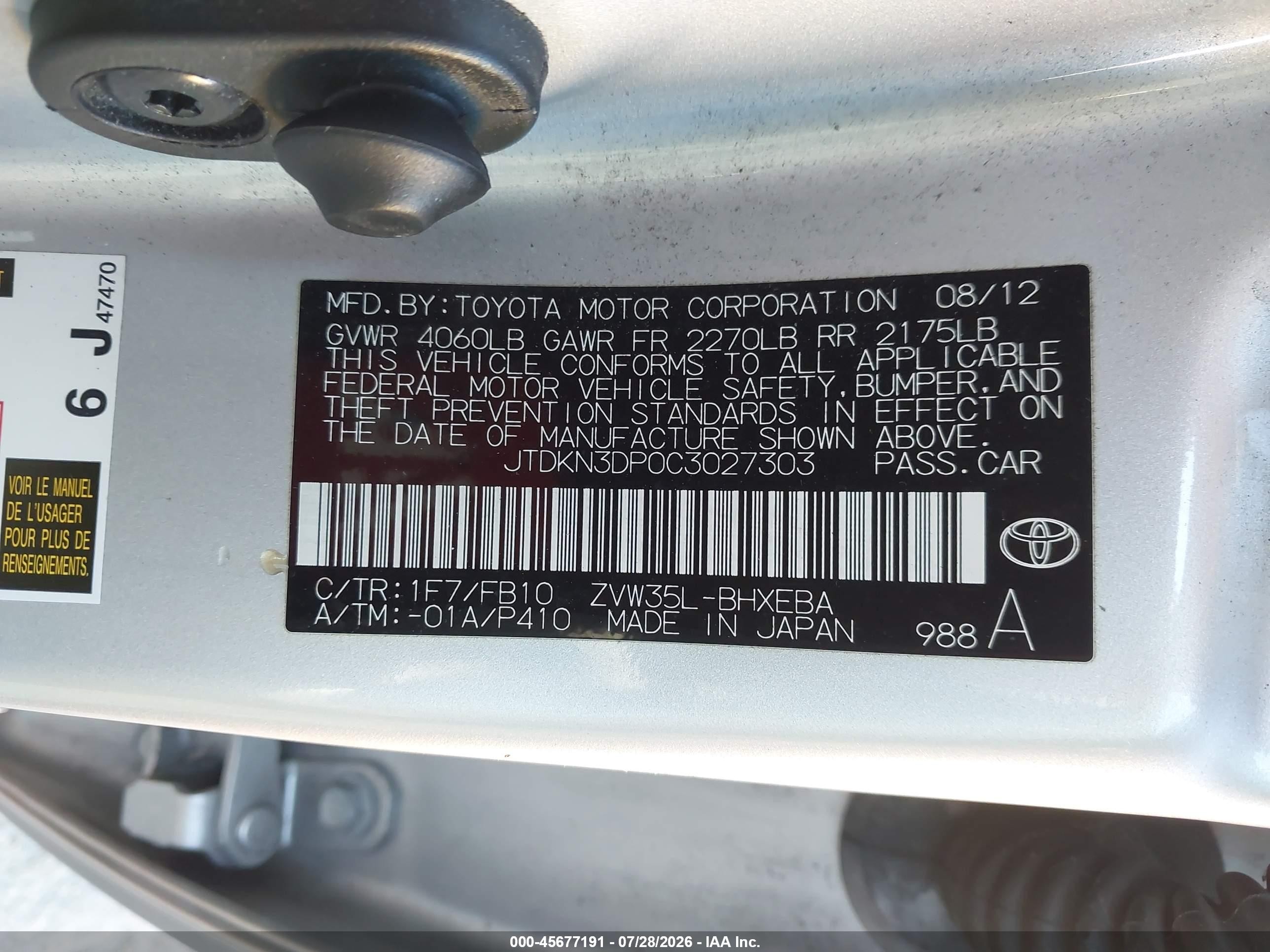 2012 Toyota Prius Plug-in   Silver vin: JTDKN3DP0C3027303