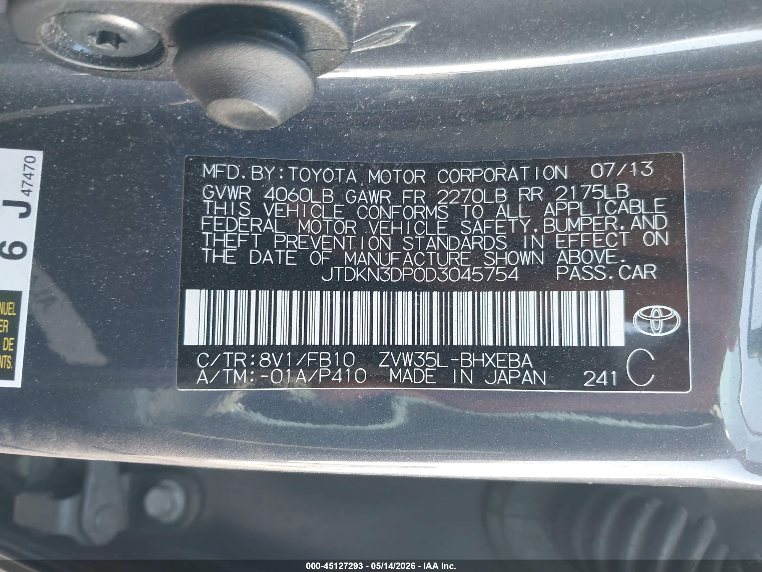 2013 Toyota Prius Plug-in   Gray vin: JTDKN3DP0D3045754