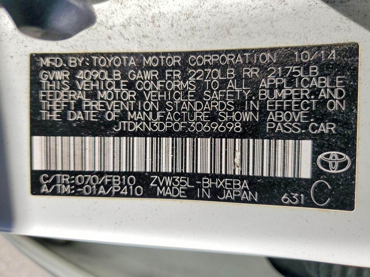 2015 Toyota Prius Plug-in Hybrid Base White vin: JTDKN3DP0F3069698