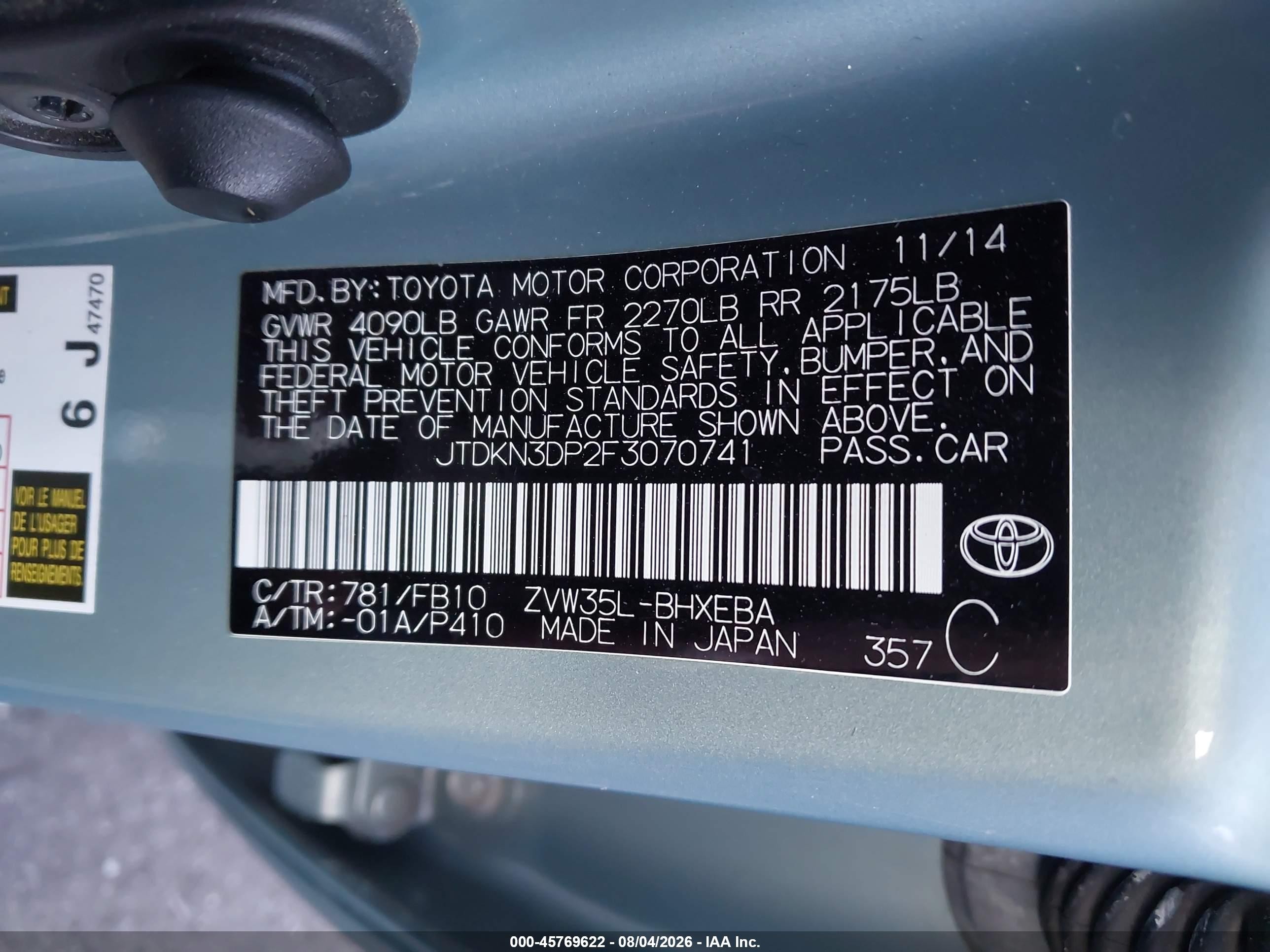 2015 Toyota Prius Plug-in   Blue vin: JTDKN3DP2F3070741