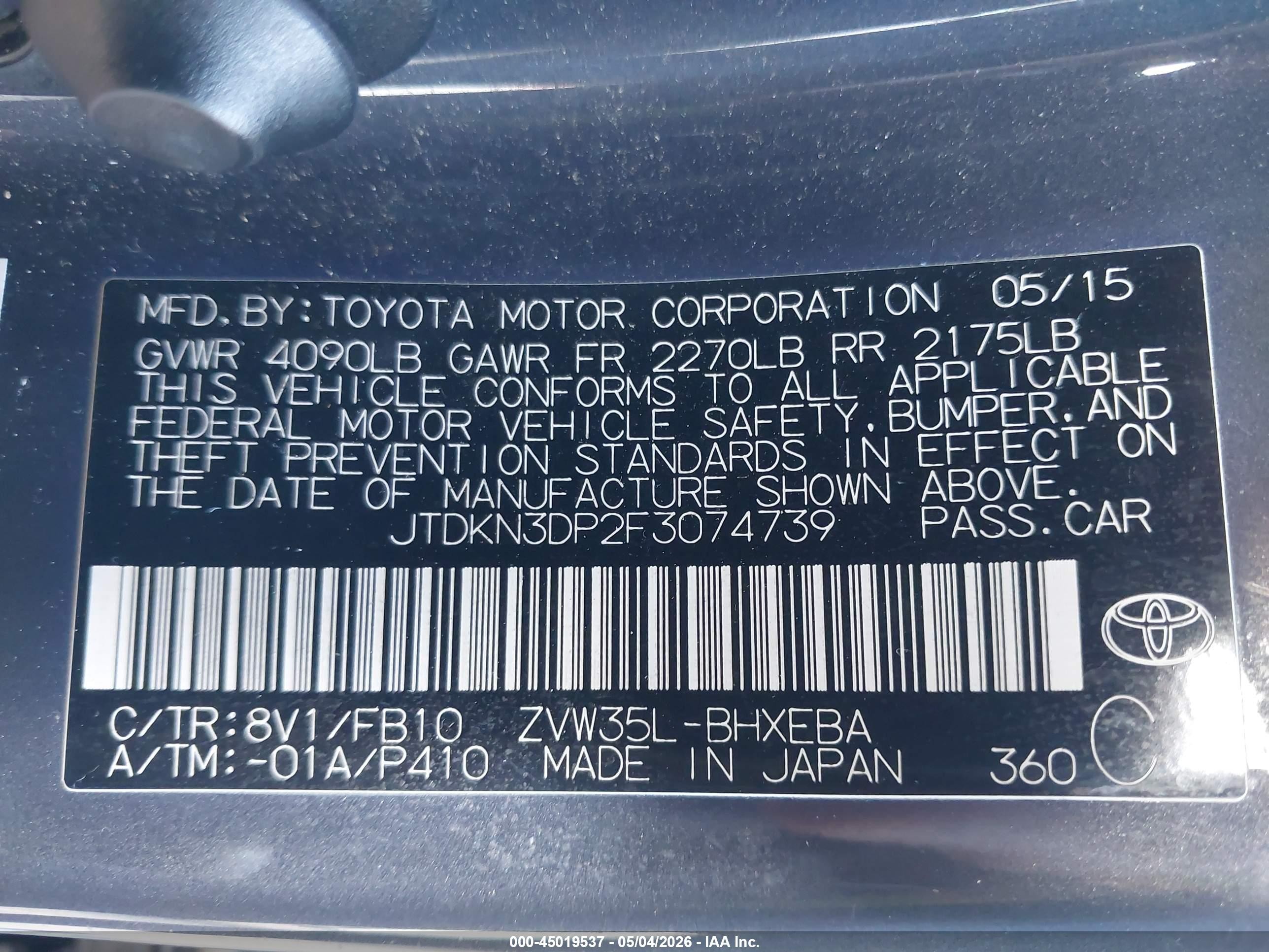 2015 Toyota Prius Plug-in   Gray vin: JTDKN3DP2F3074739
