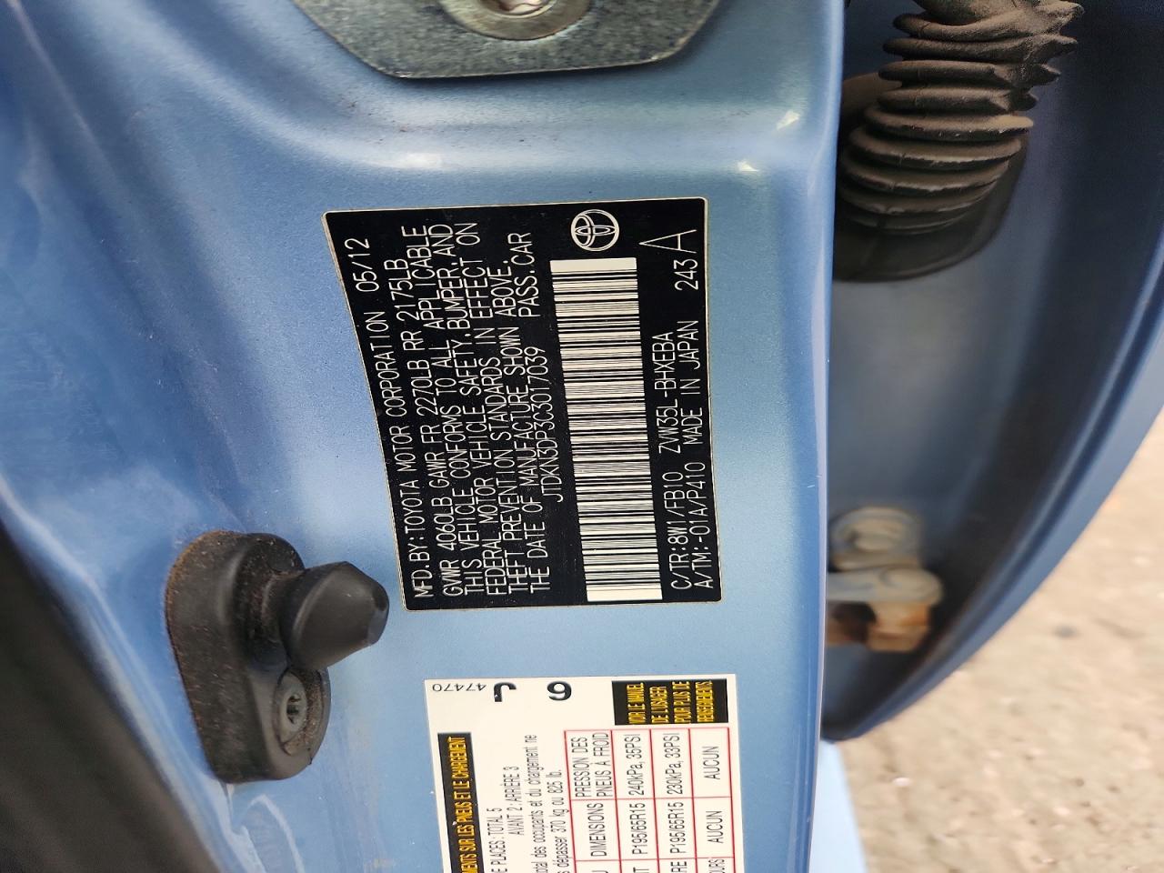 2012 Toyota Prius Plug-in Hybrid Base Синий vin: JTDKN3DP3C3017039