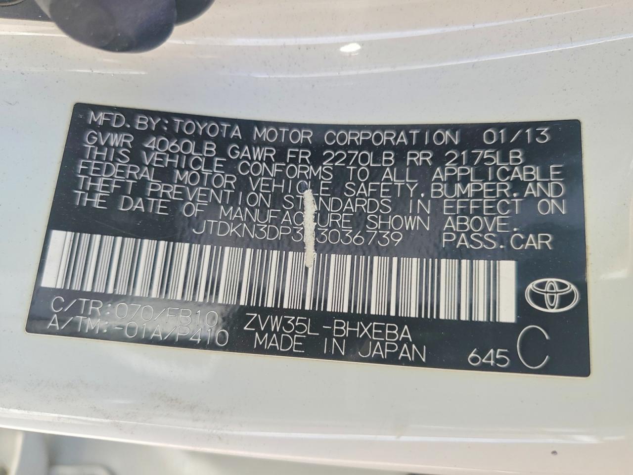 2013 Toyota Prius Plug-in Hybrid Base White vin: JTDKN3DP3D3036739