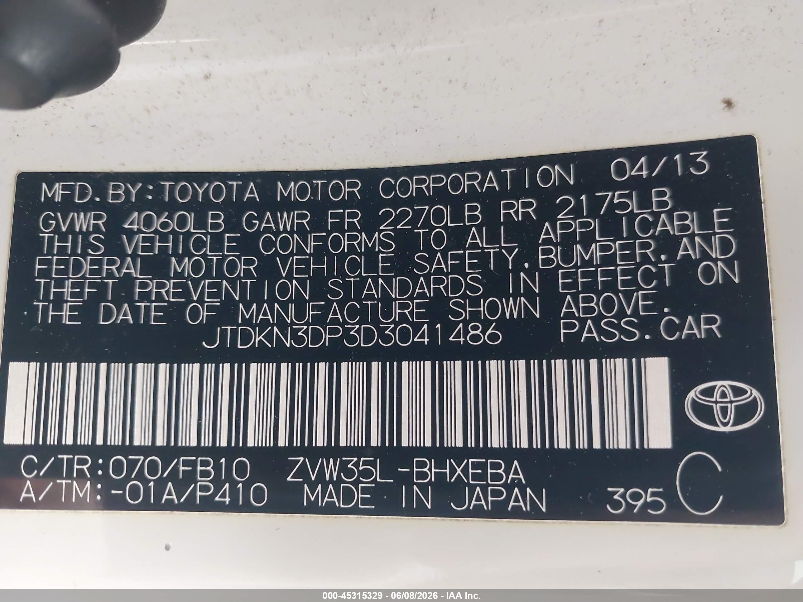2013 Toyota Prius Plug-in   Белый vin: JTDKN3DP3D3041486