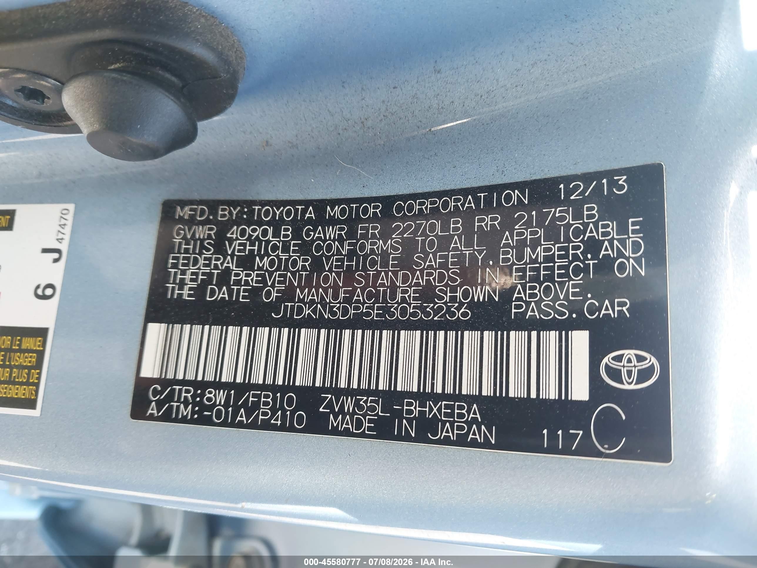 2014 Toyota Prius Plug-in   Синий vin: JTDKN3DP5E3053236