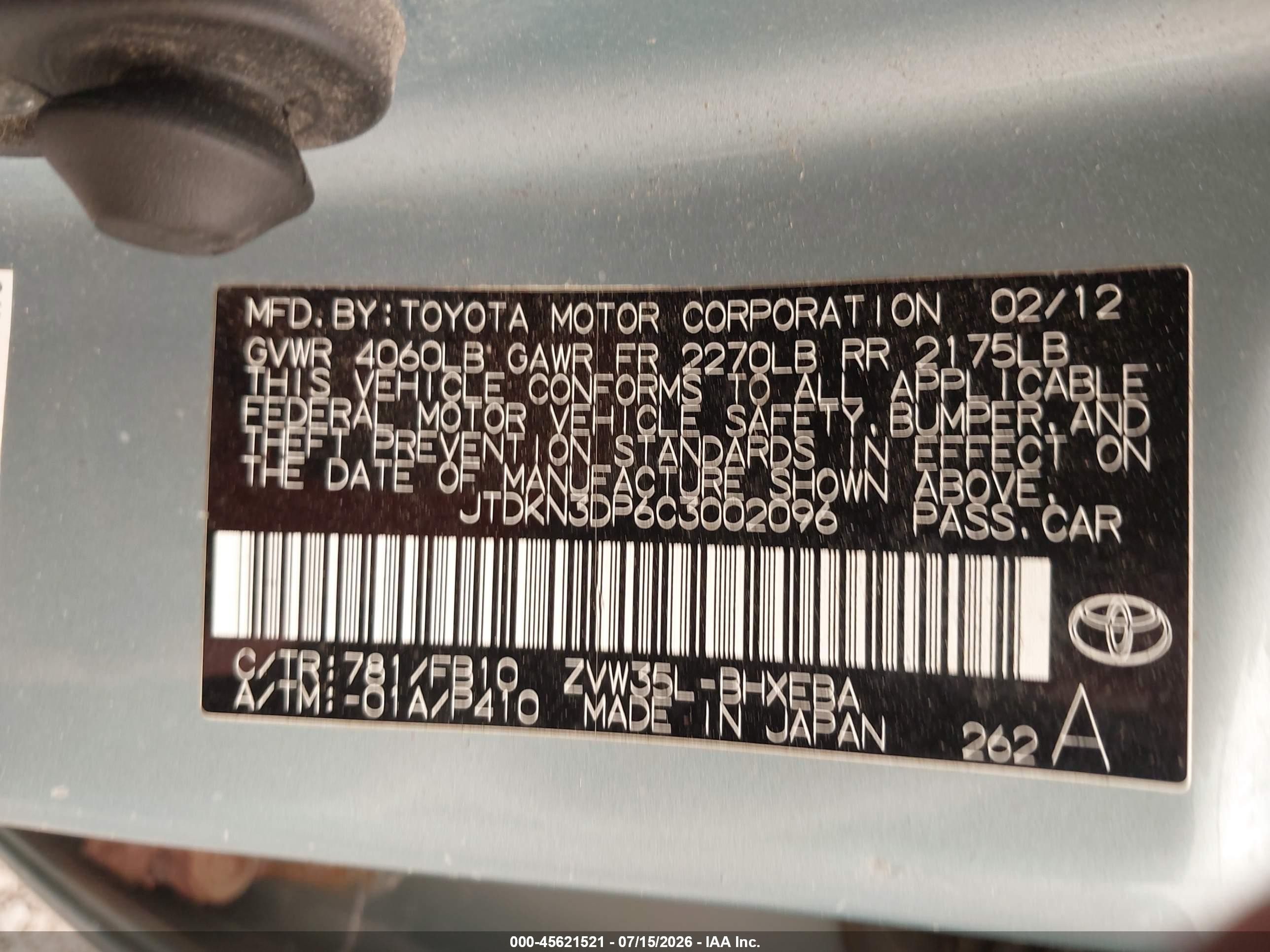 2012 Toyota Prius Plug-in   Blue vin: JTDKN3DP6C3002096