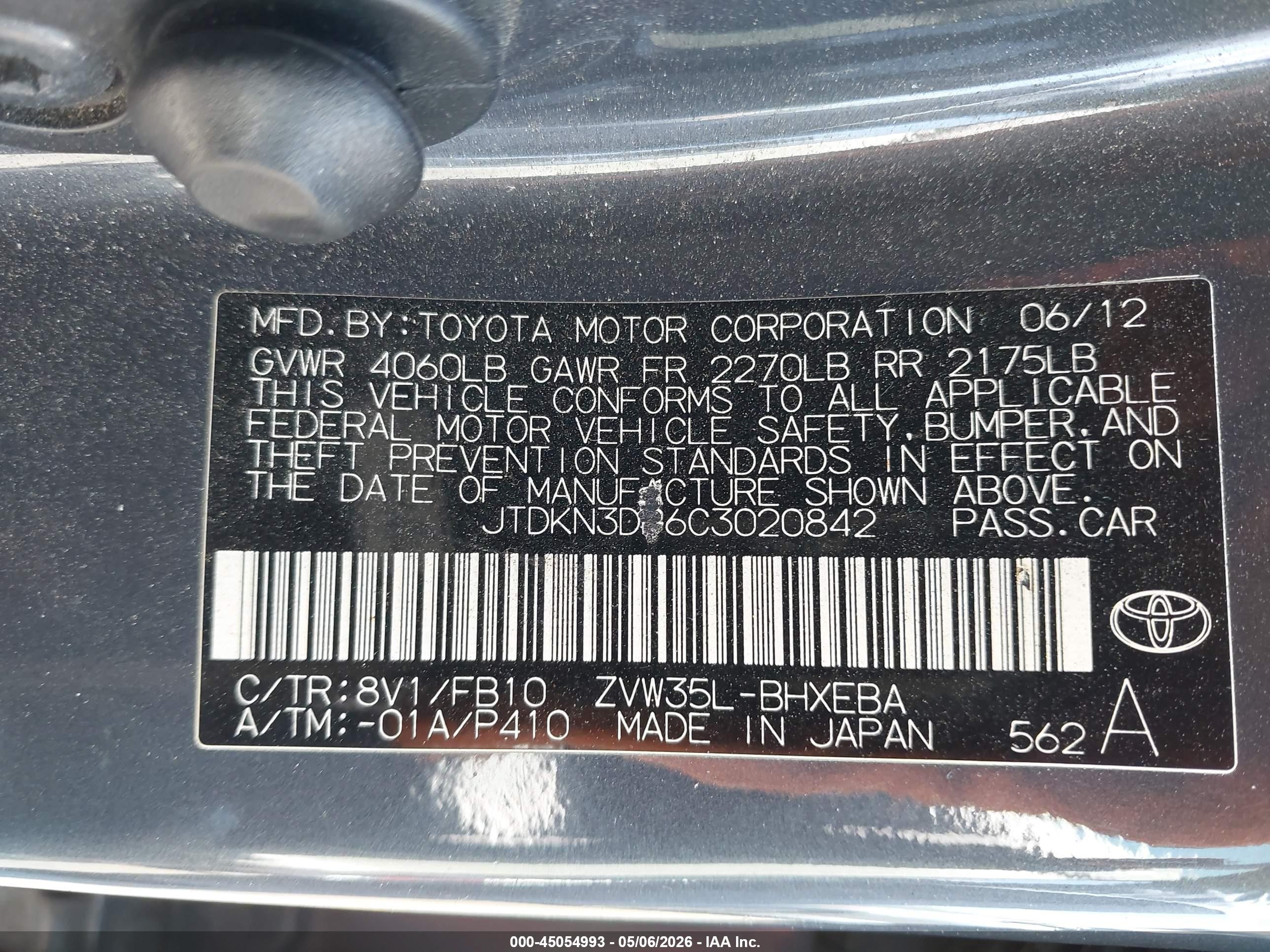 2012 Toyota Prius Plug-in   Black vin: JTDKN3DP6C3020842
