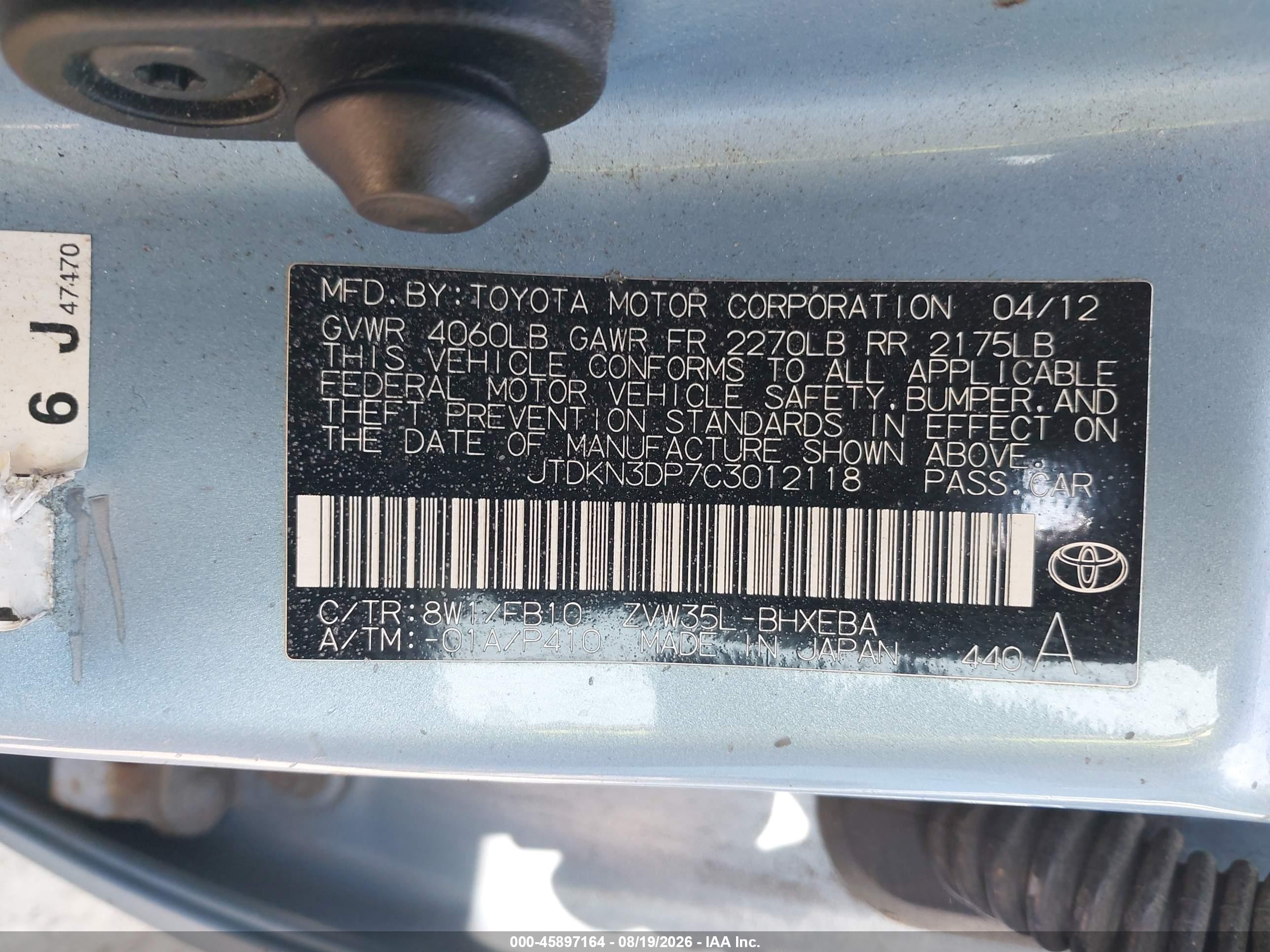 2012 Toyota Prius Plug-in   Teal vin: JTDKN3DP7C3012118