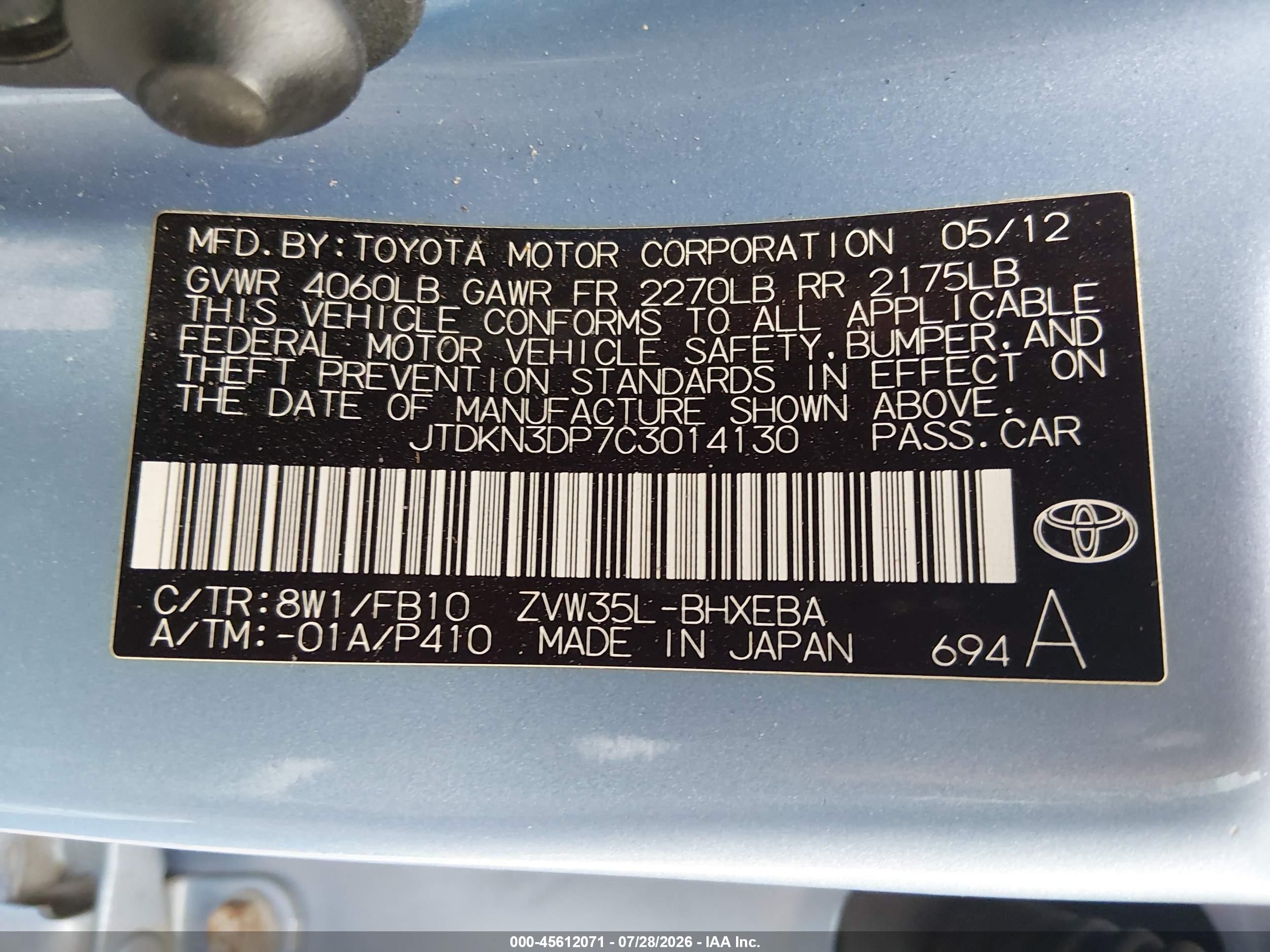2012 Toyota Prius Plug-in   Blue vin: JTDKN3DP7C3014130