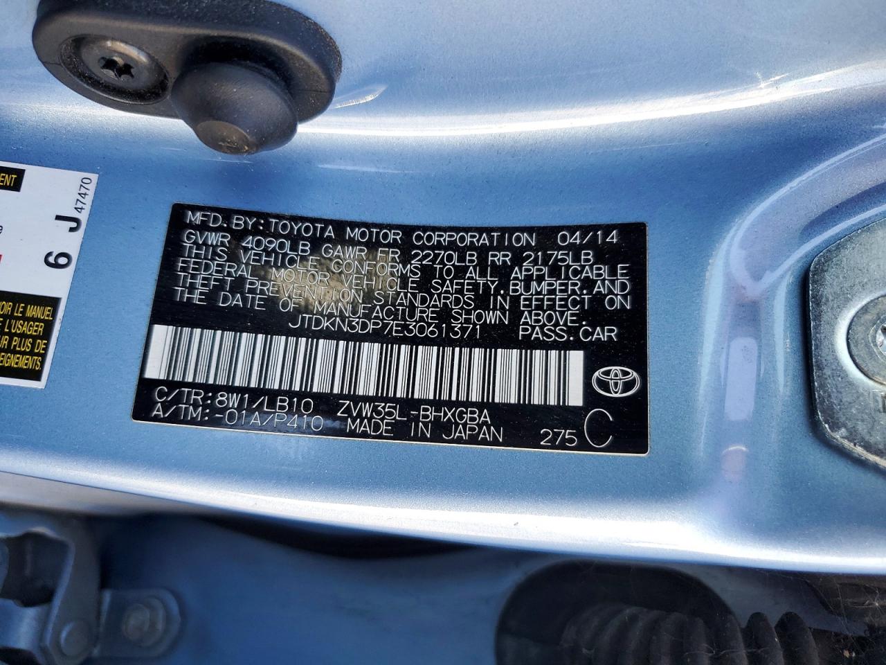 2014 Toyota Prius Plug-in Hybrid Advanced Blue vin: JTDKN3DP7E3061371