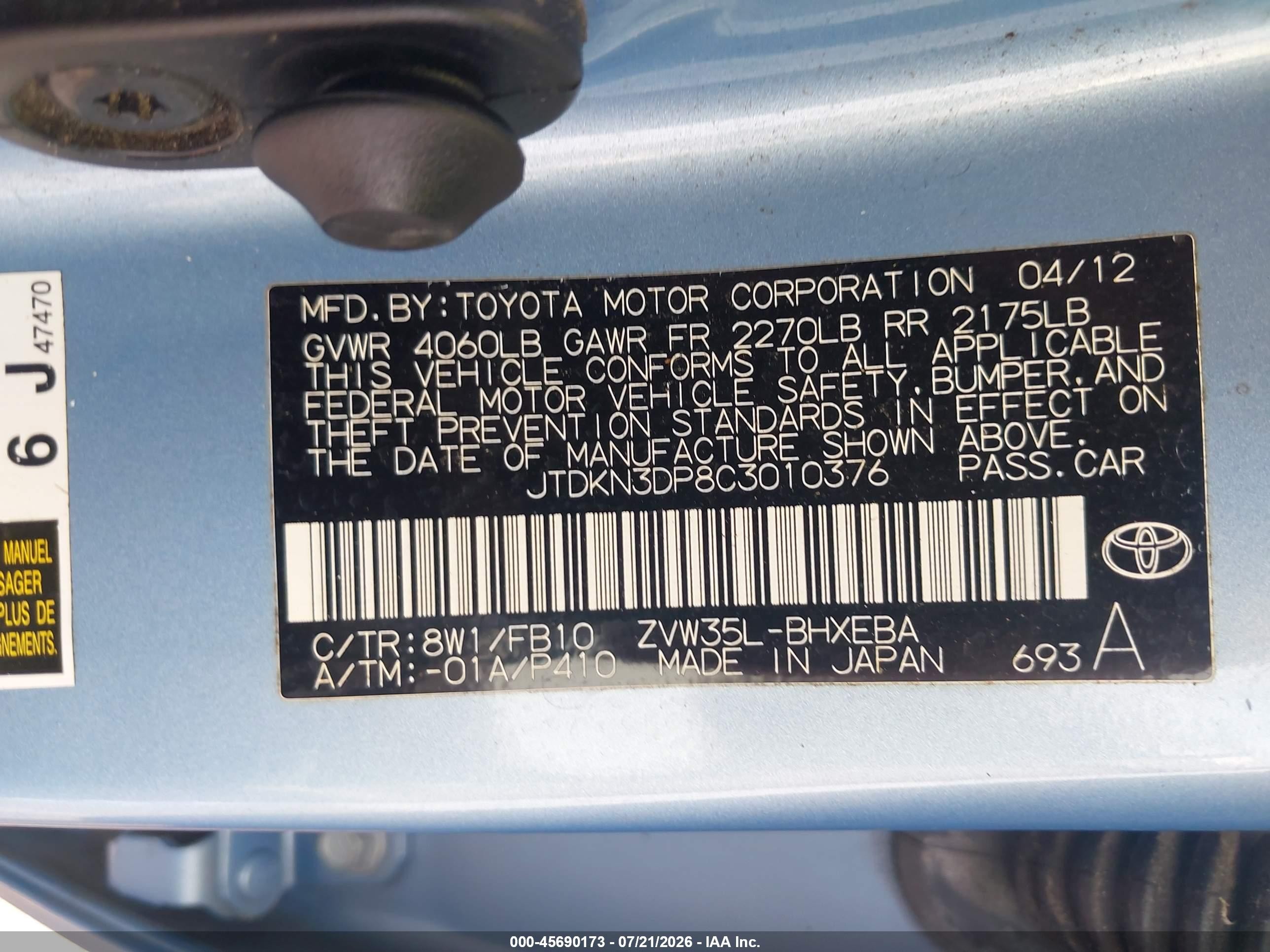 2012 Toyota Prius Plug-in   Blue vin: JTDKN3DP8C3010376
