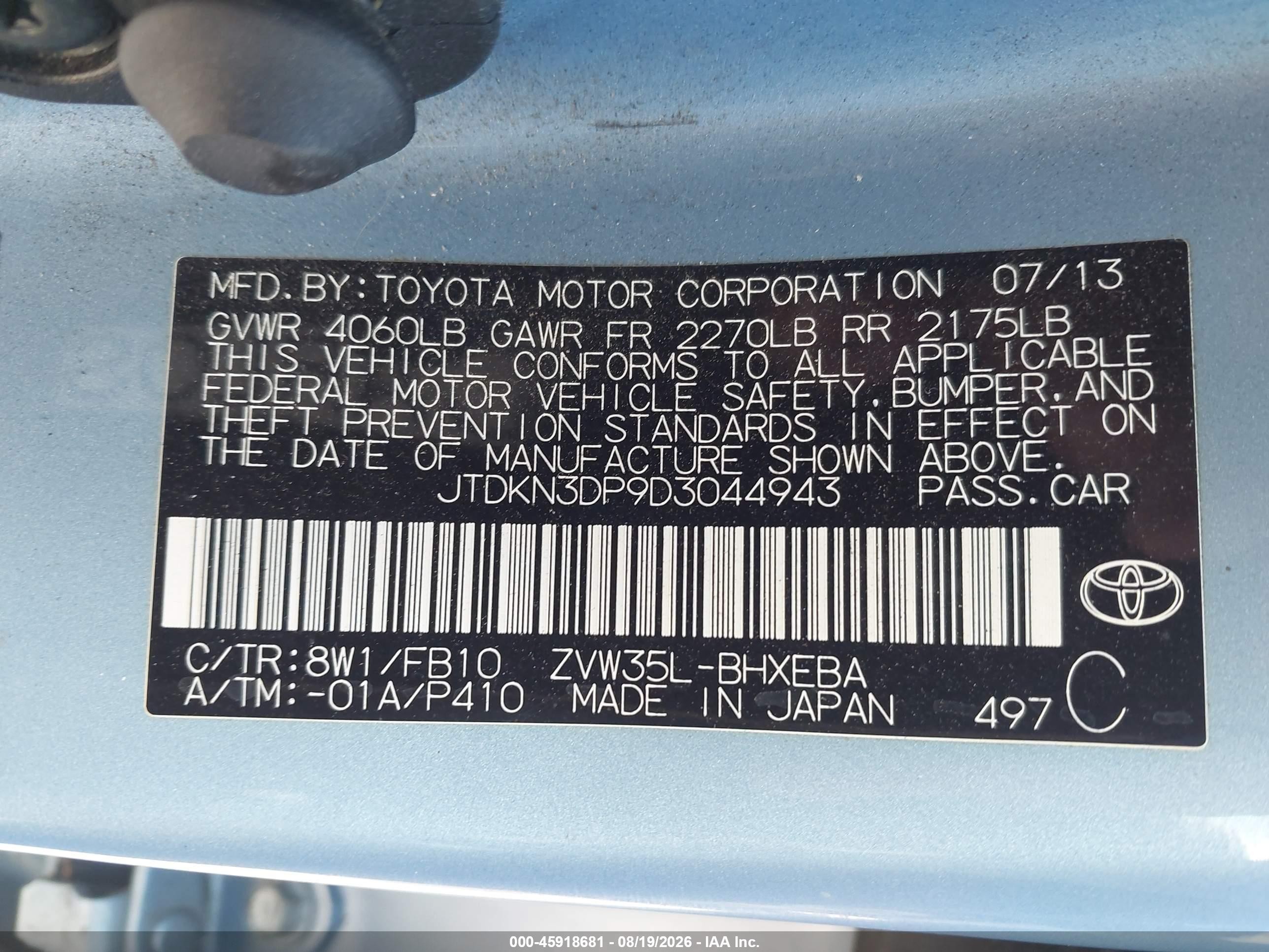 2013 Toyota Prius Plug-in   Blue vin: JTDKN3DP9D3044943