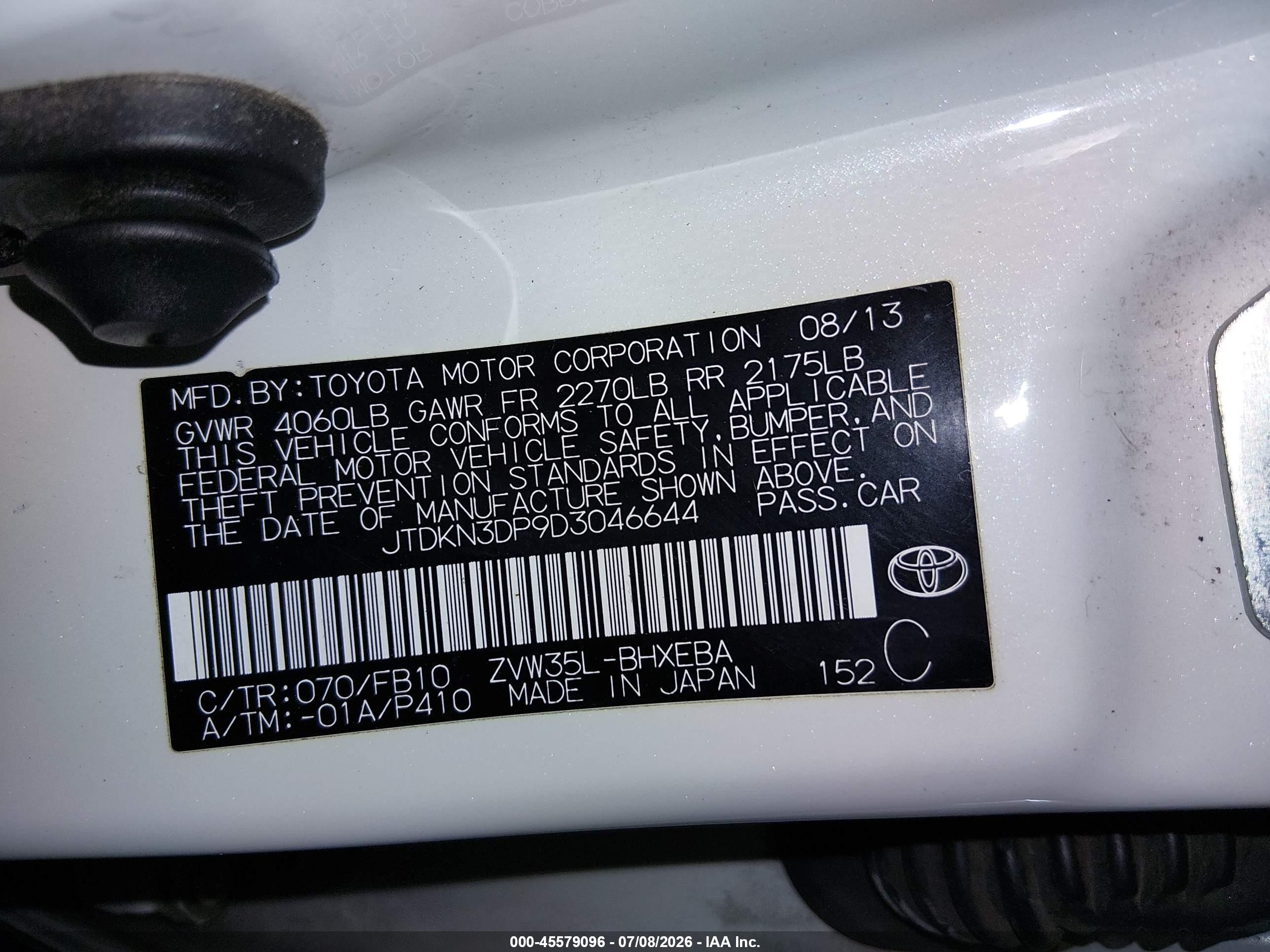 2013 Toyota Prius Plug-in   White vin: JTDKN3DP9D3046644