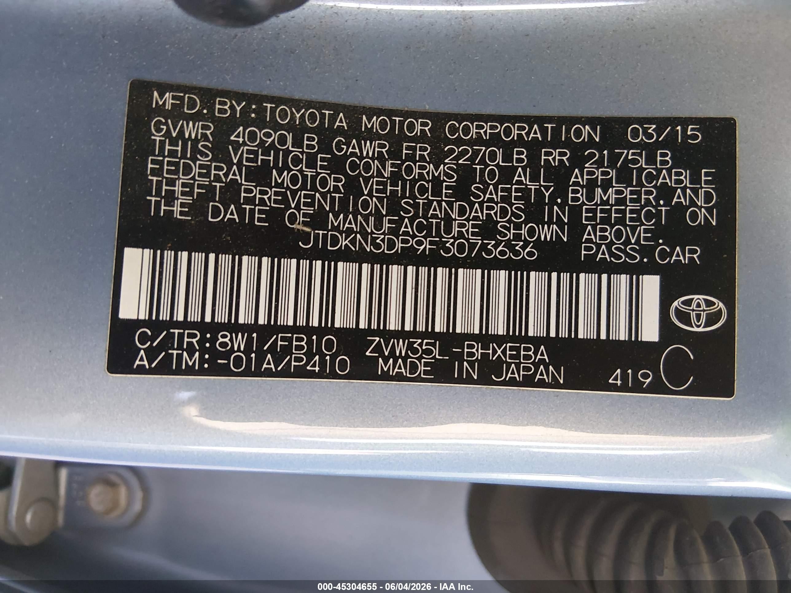 2015 Toyota Prius Plug-in   Light Blue vin: JTDKN3DP9F3073636